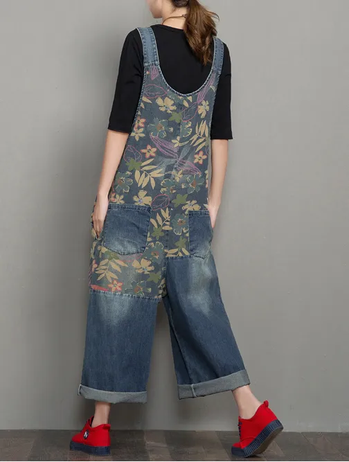 Floral Loose Handmade Denim Casual Spring Denim Overall Women Jumpsuits QY01