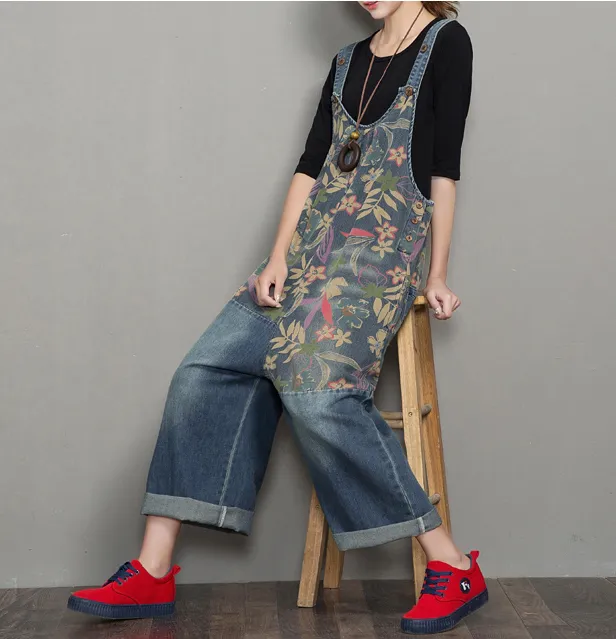 Floral Loose Handmade Denim Casual Spring Denim Overall Women Jumpsuits QY01