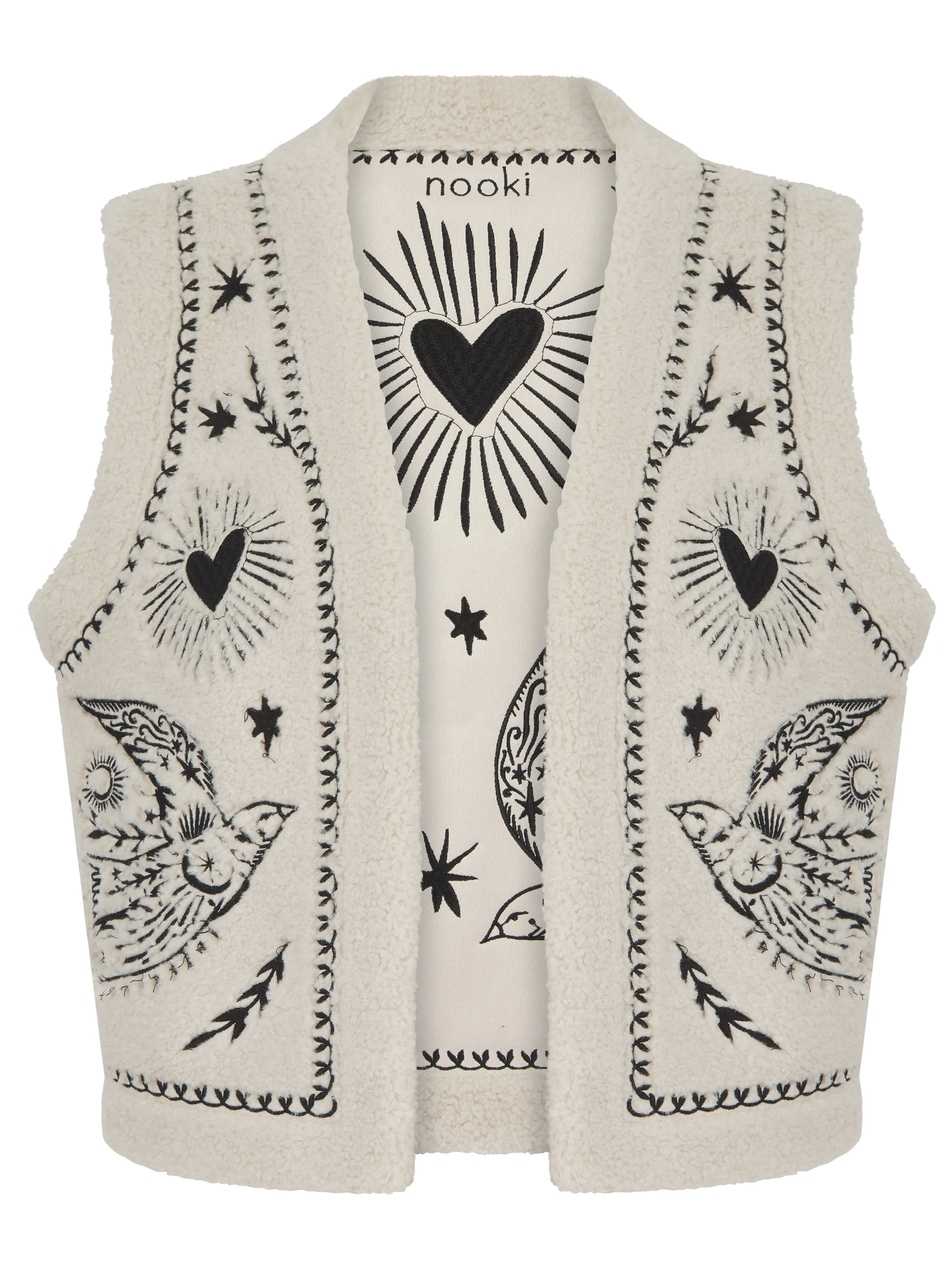 FREE BIRD EMBROIDERED FAUX SHEARLING GILET CREAM