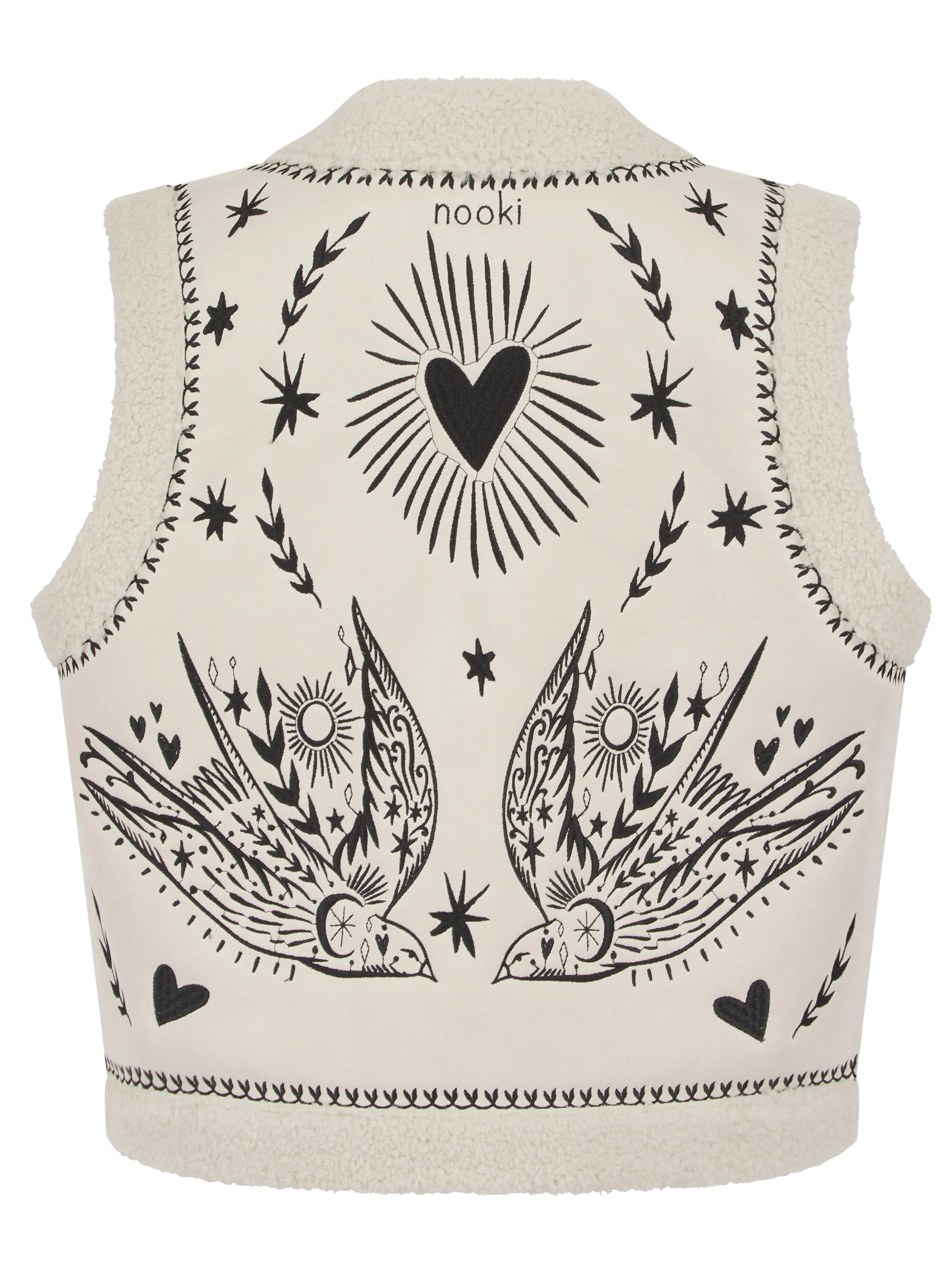 FREE BIRD EMBROIDERED FAUX SHEARLING GILET CREAM