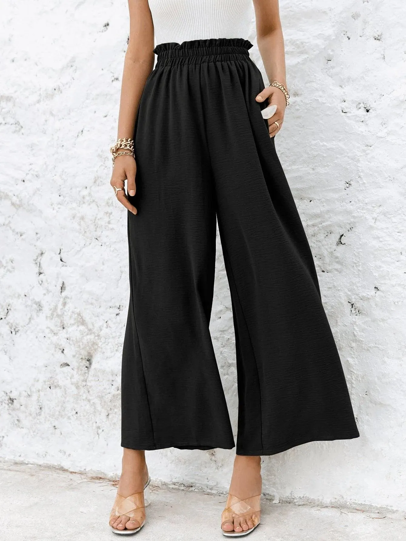 Frill Elastic Waist Wide Leg Pants