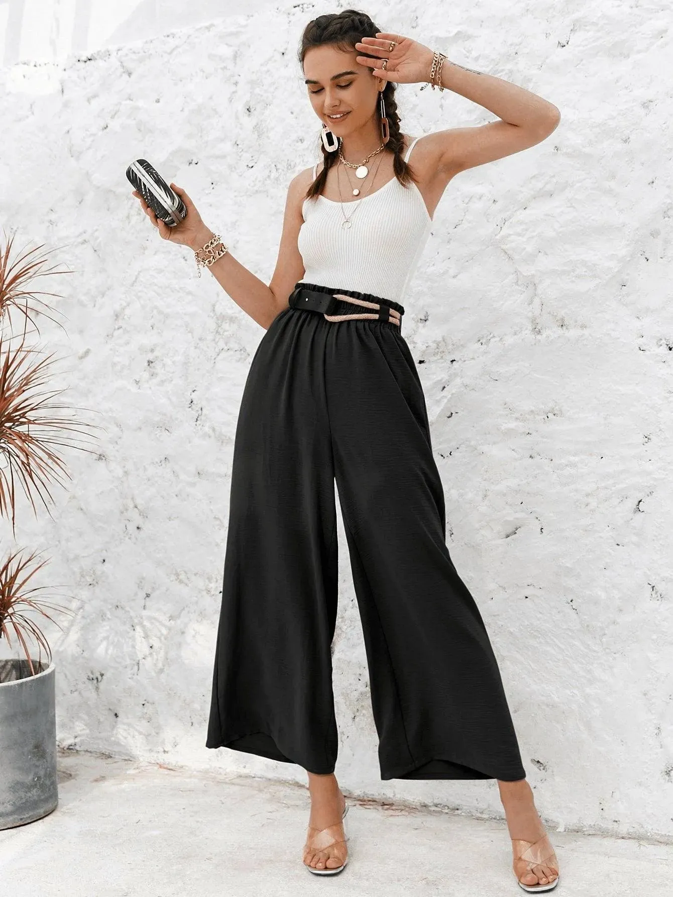 Frill Elastic Waist Wide Leg Pants