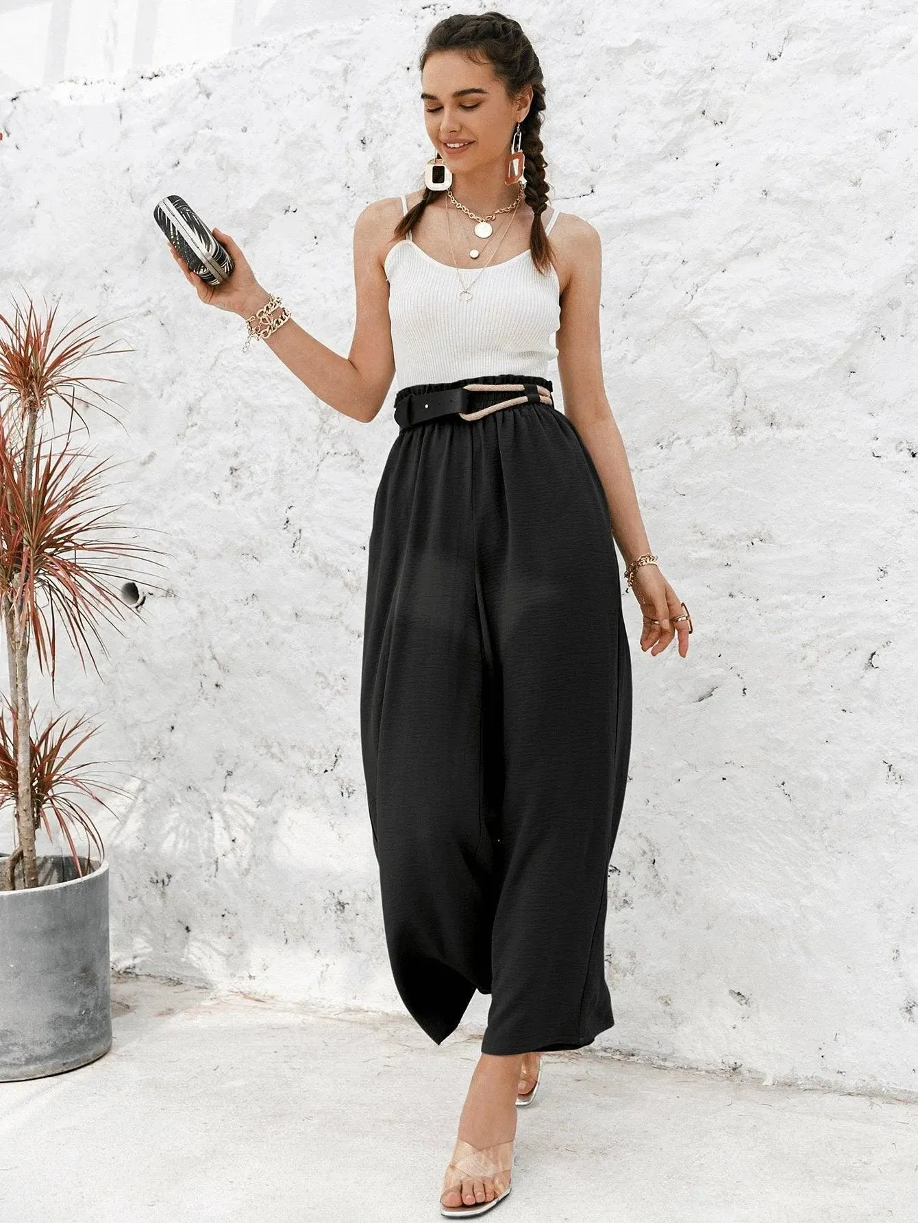 Frill Elastic Waist Wide Leg Pants