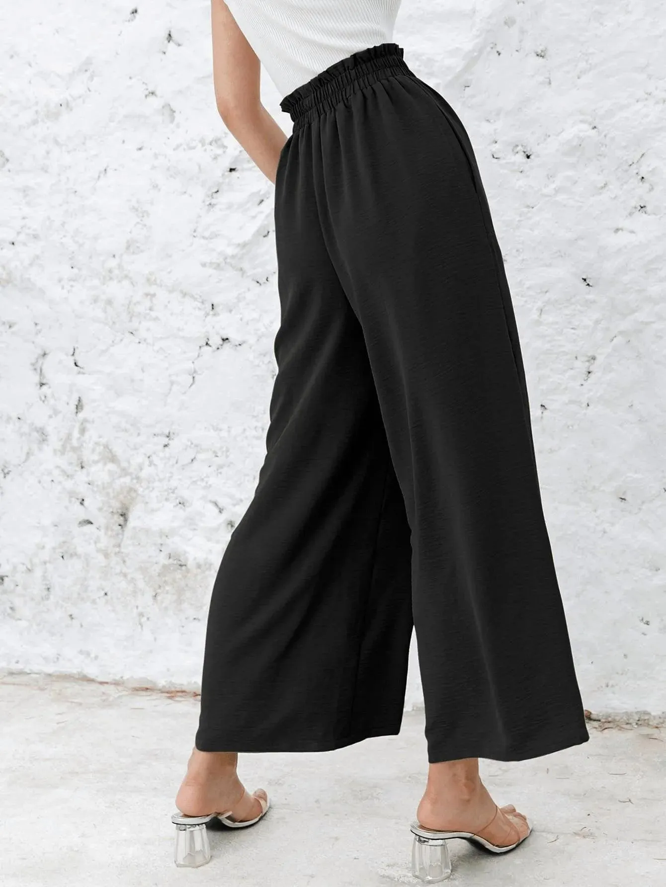 Frill Elastic Waist Wide Leg Pants