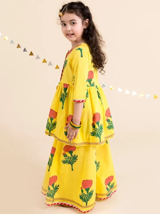 Girls Yellow Floral Printed Layered Gotta Patti Pure Cotton Kurta With Skirt