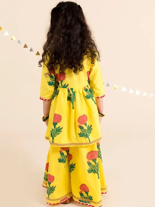 Girls Yellow Floral Printed Layered Gotta Patti Pure Cotton Kurta With Skirt