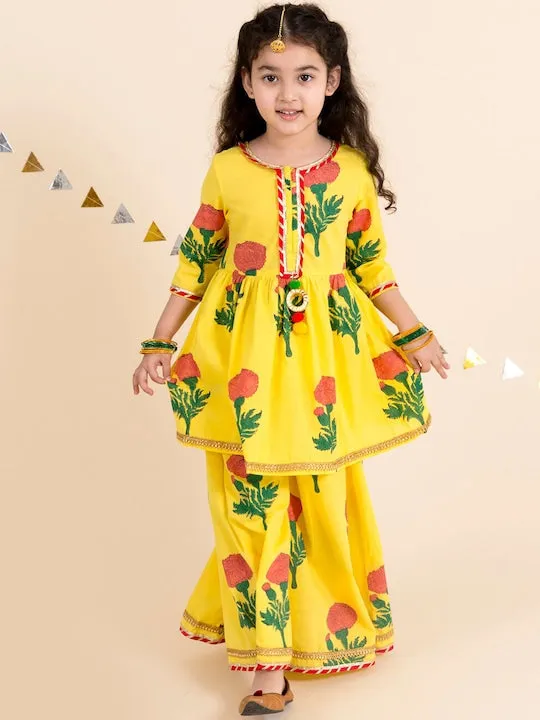 Girls Yellow Floral Printed Layered Gotta Patti Pure Cotton Kurta With Skirt