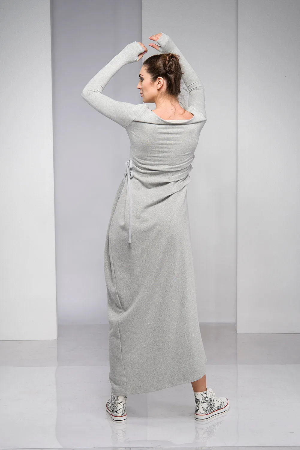 Gray Maxi Dress with Waist Accent