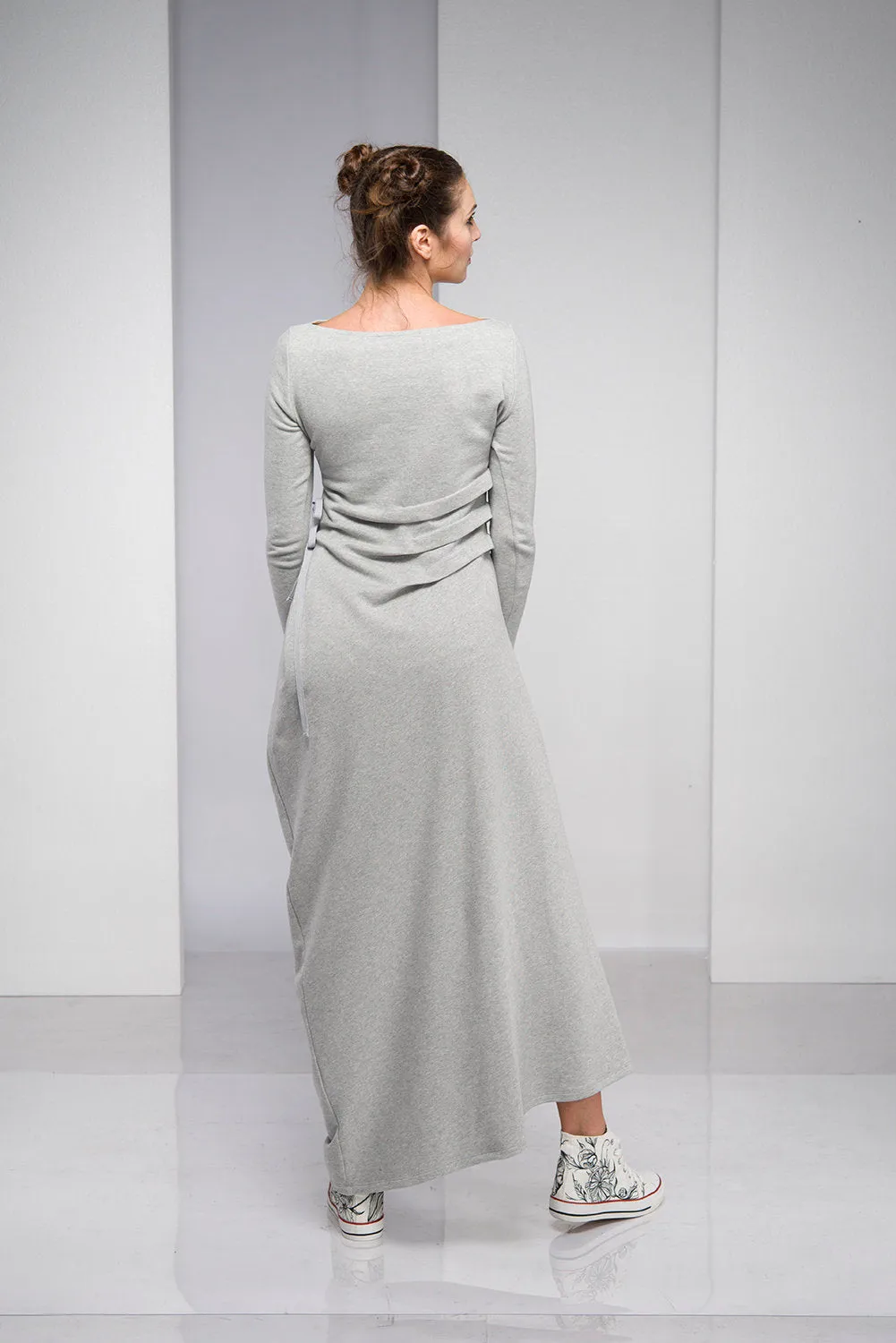 Gray Maxi Dress with Waist Accent