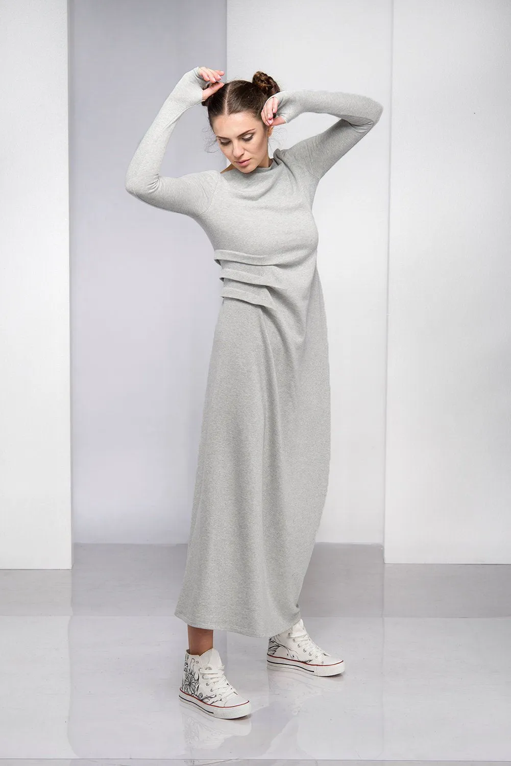 Gray Maxi Dress with Waist Accent