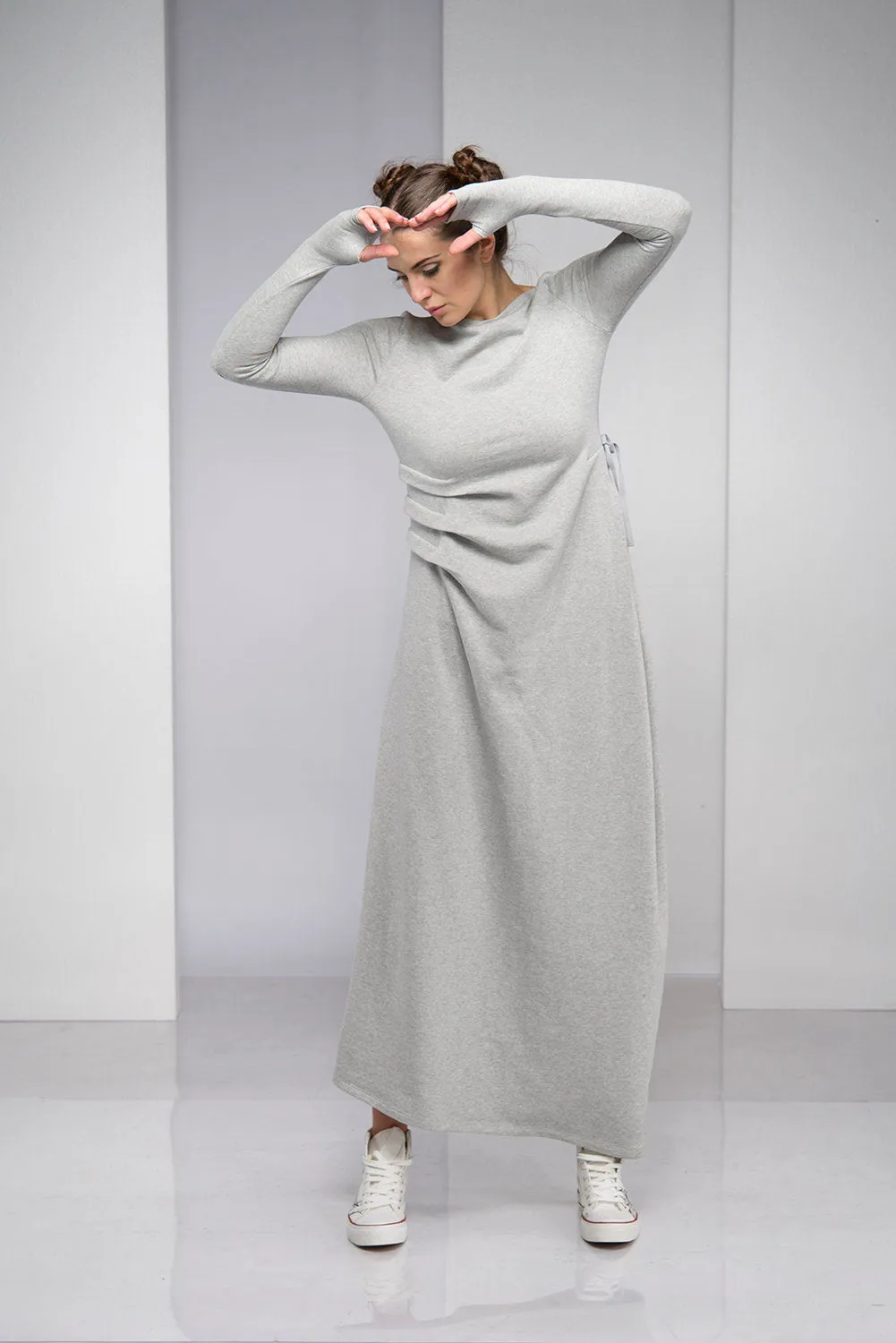 Gray Maxi Dress with Waist Accent