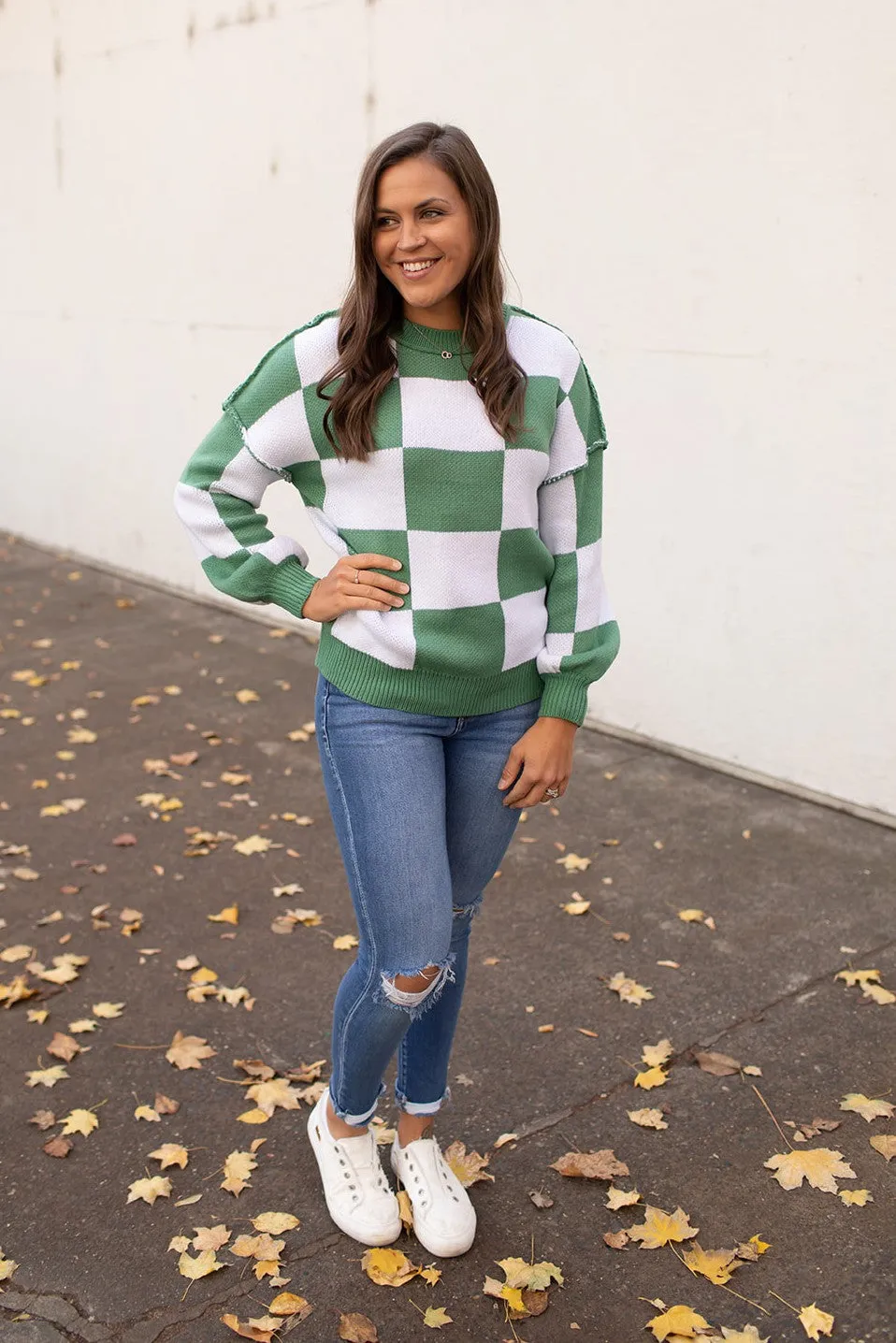 Green Checkered Oversized Pullover Sweater (SM-2X)