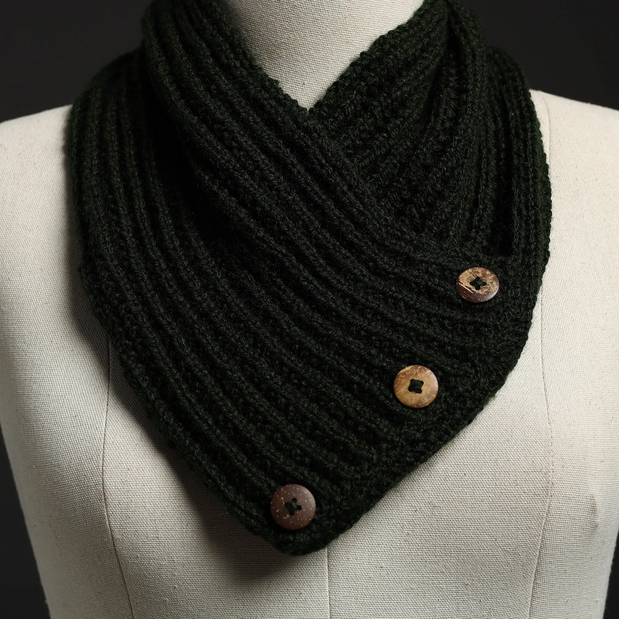 Green - Kumaun Hand Knitted Woolen Button Cowl 123