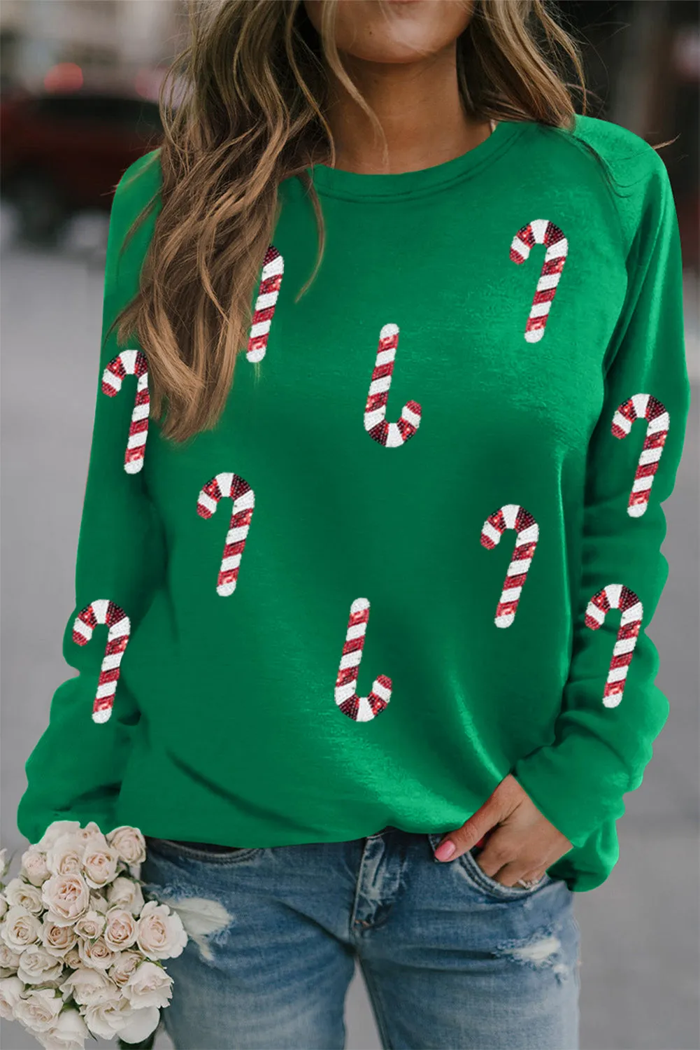 Green Sequin Christmas Candy Cane Graphic Pullover Sweatshirt