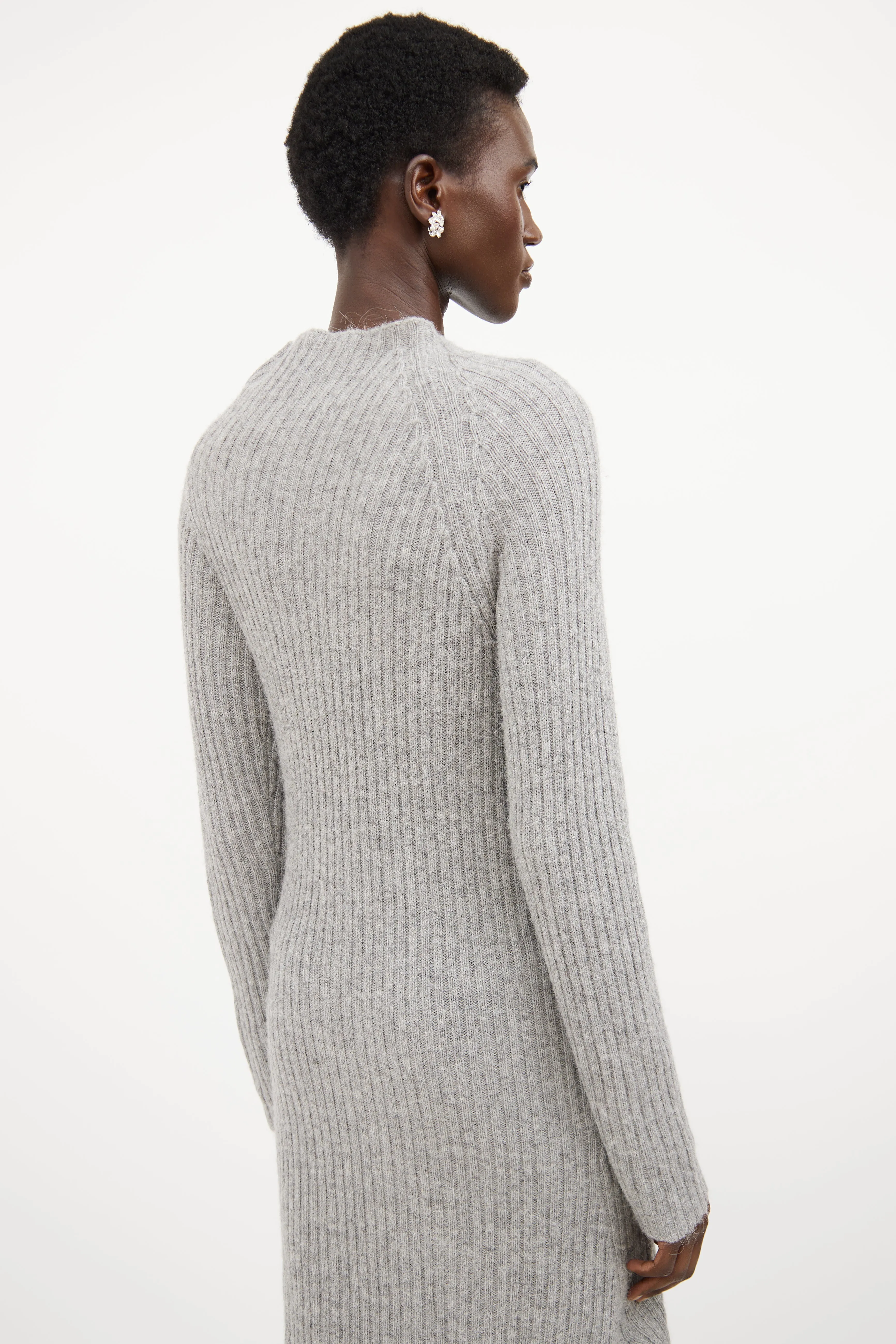 Grey Ribbed Knit Mock Neck Sweater Dress