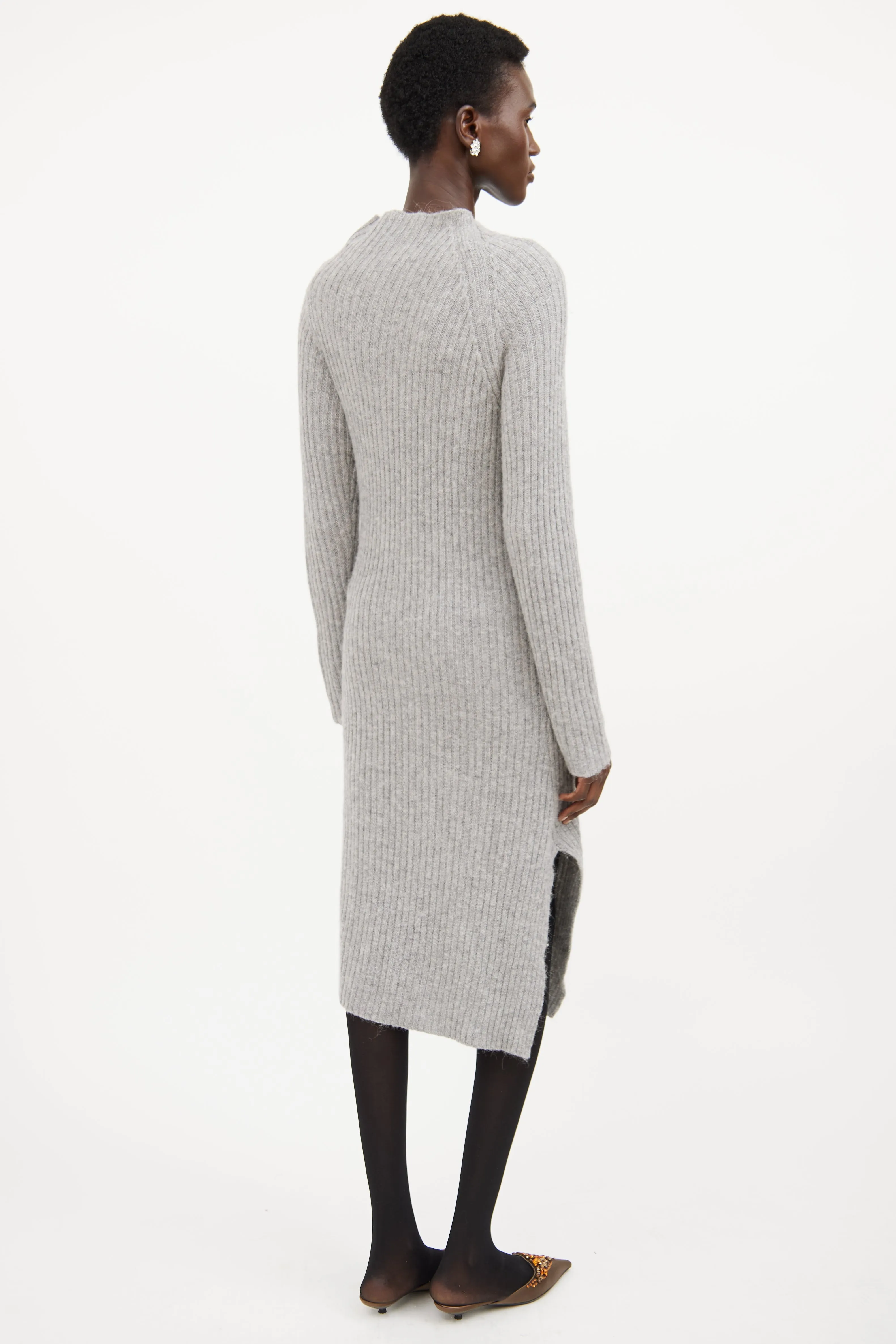 Grey Ribbed Knit Mock Neck Sweater Dress