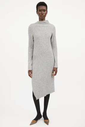 Grey Ribbed Knit Mock Neck Sweater Dress