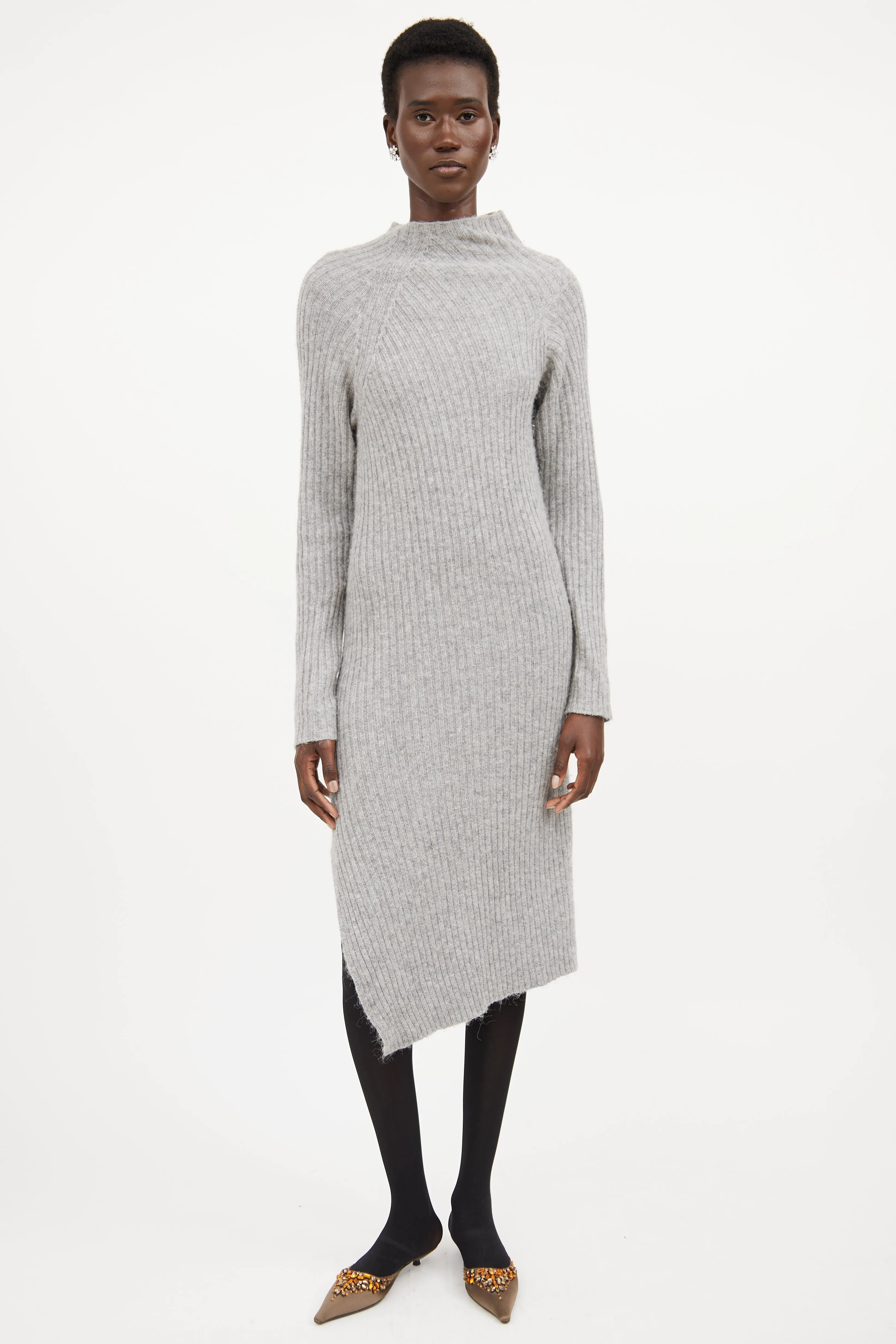 Grey Ribbed Knit Mock Neck Sweater Dress