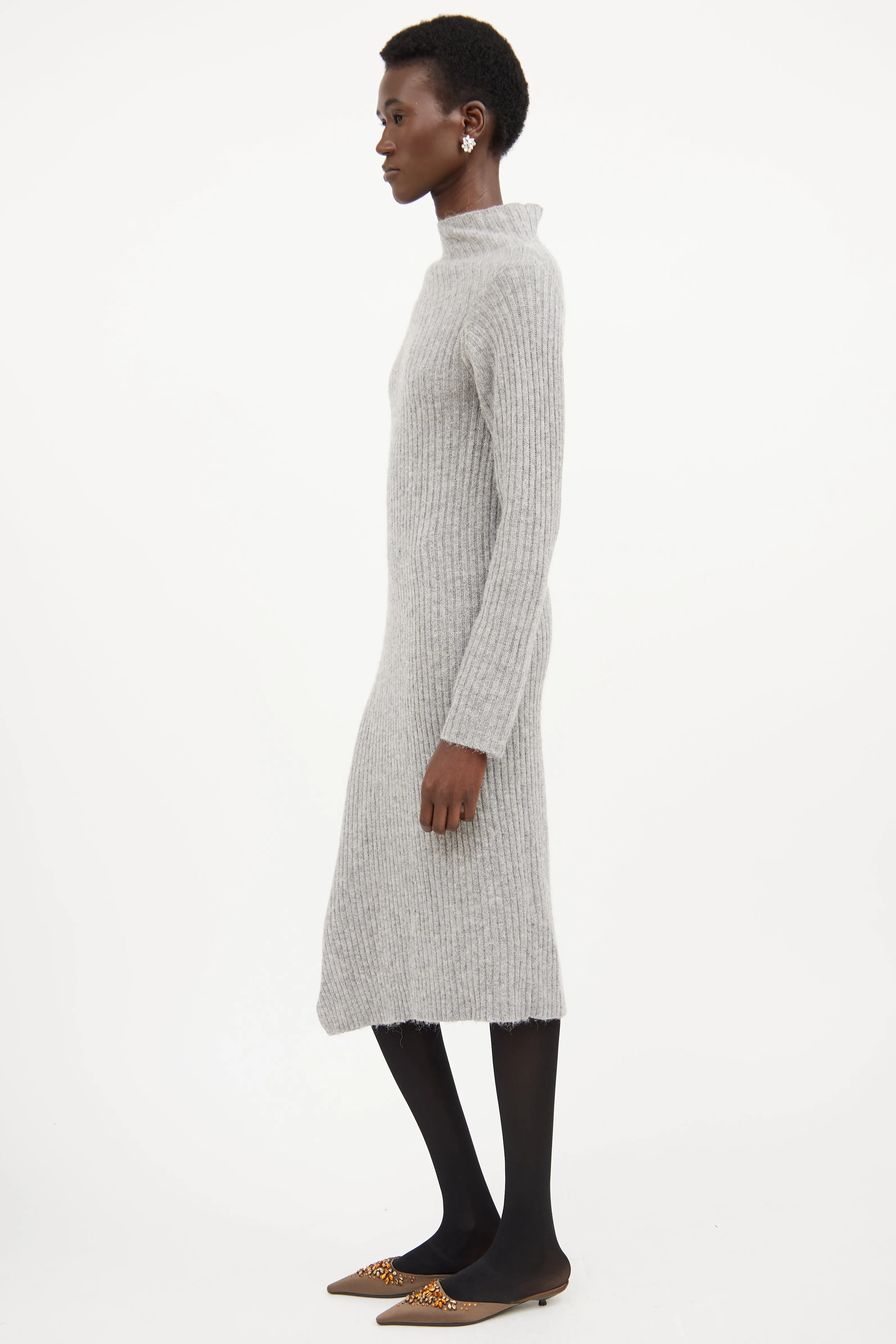 Grey Ribbed Knit Mock Neck Sweater Dress