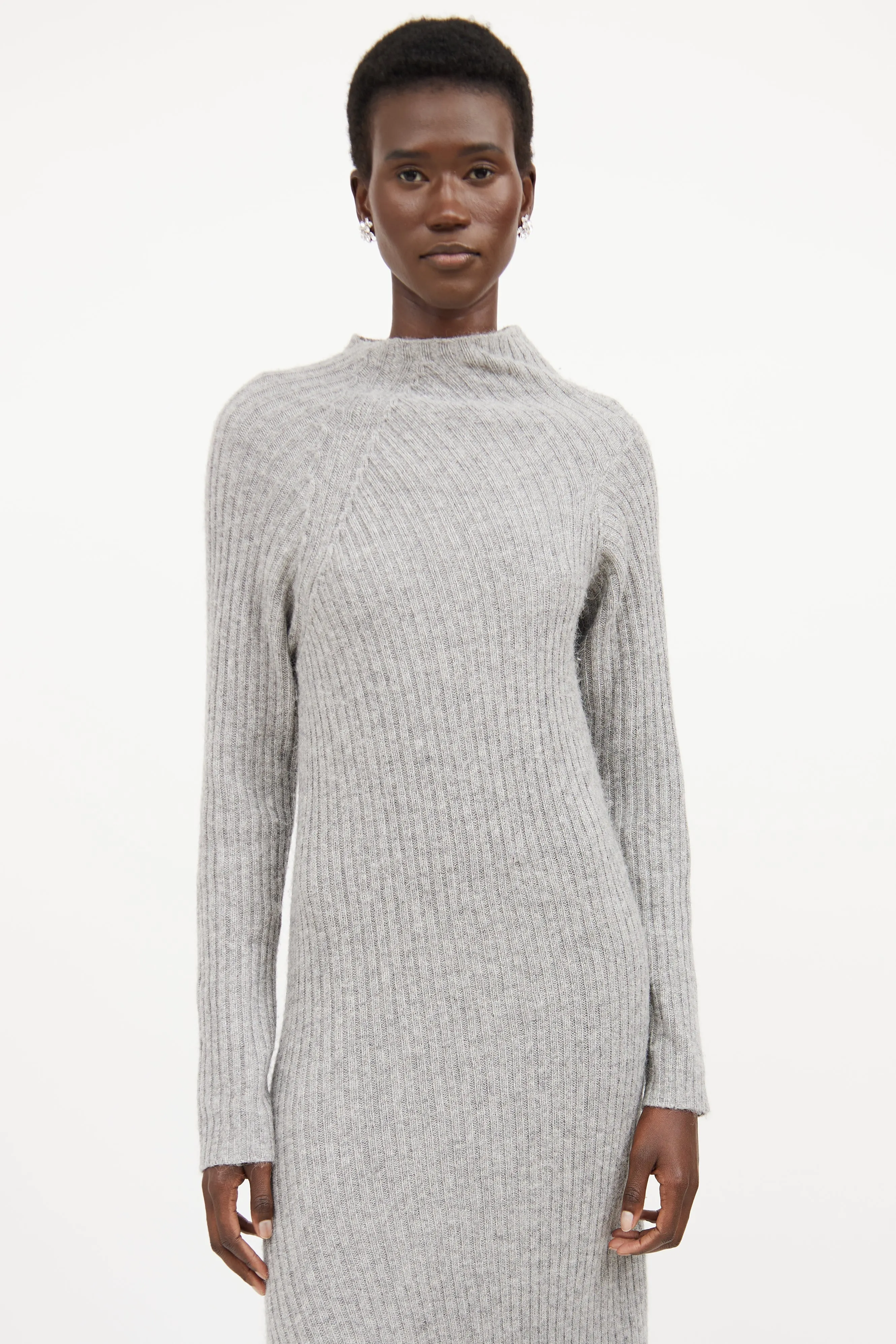 Grey Ribbed Knit Mock Neck Sweater Dress