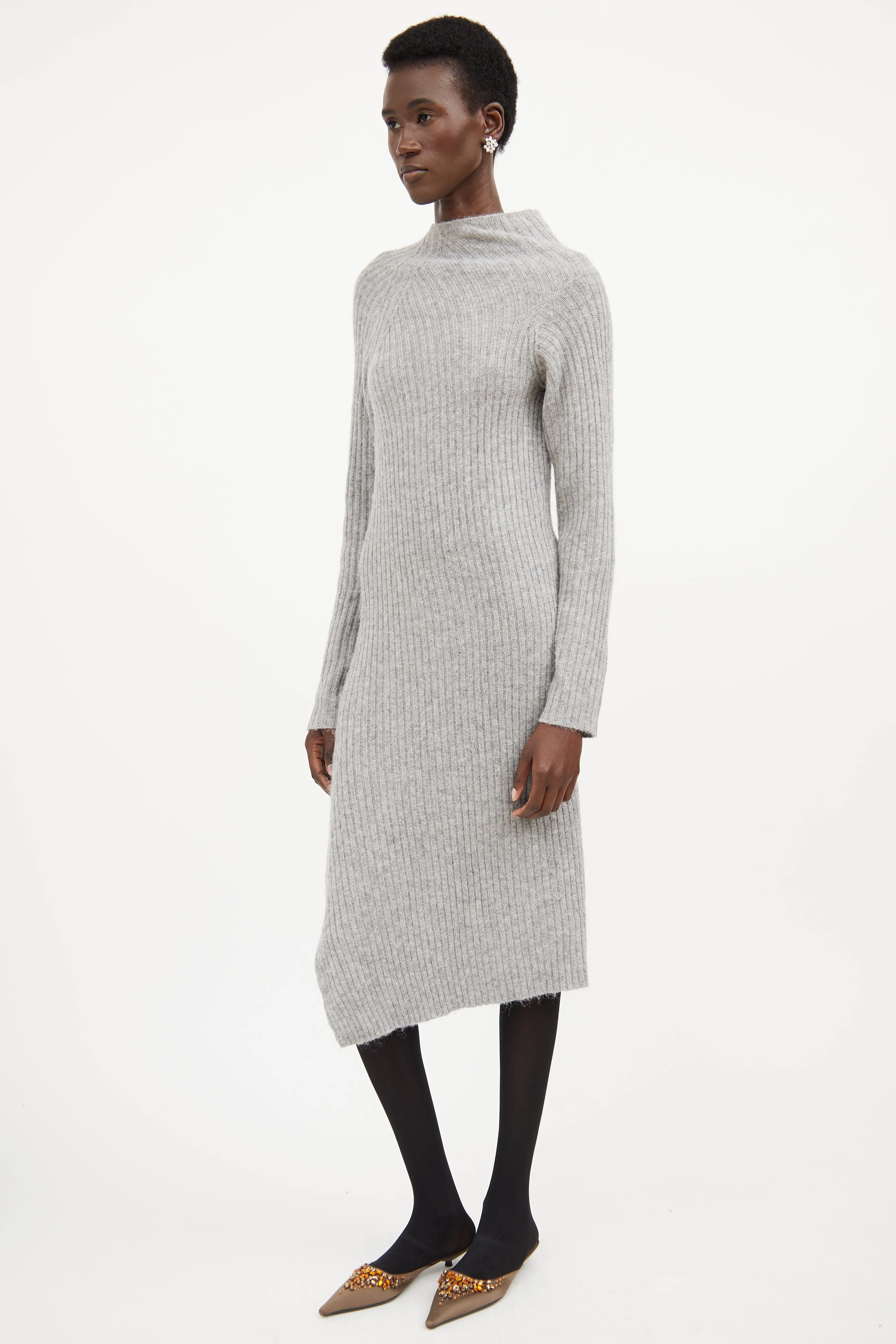 Grey Ribbed Knit Mock Neck Sweater Dress