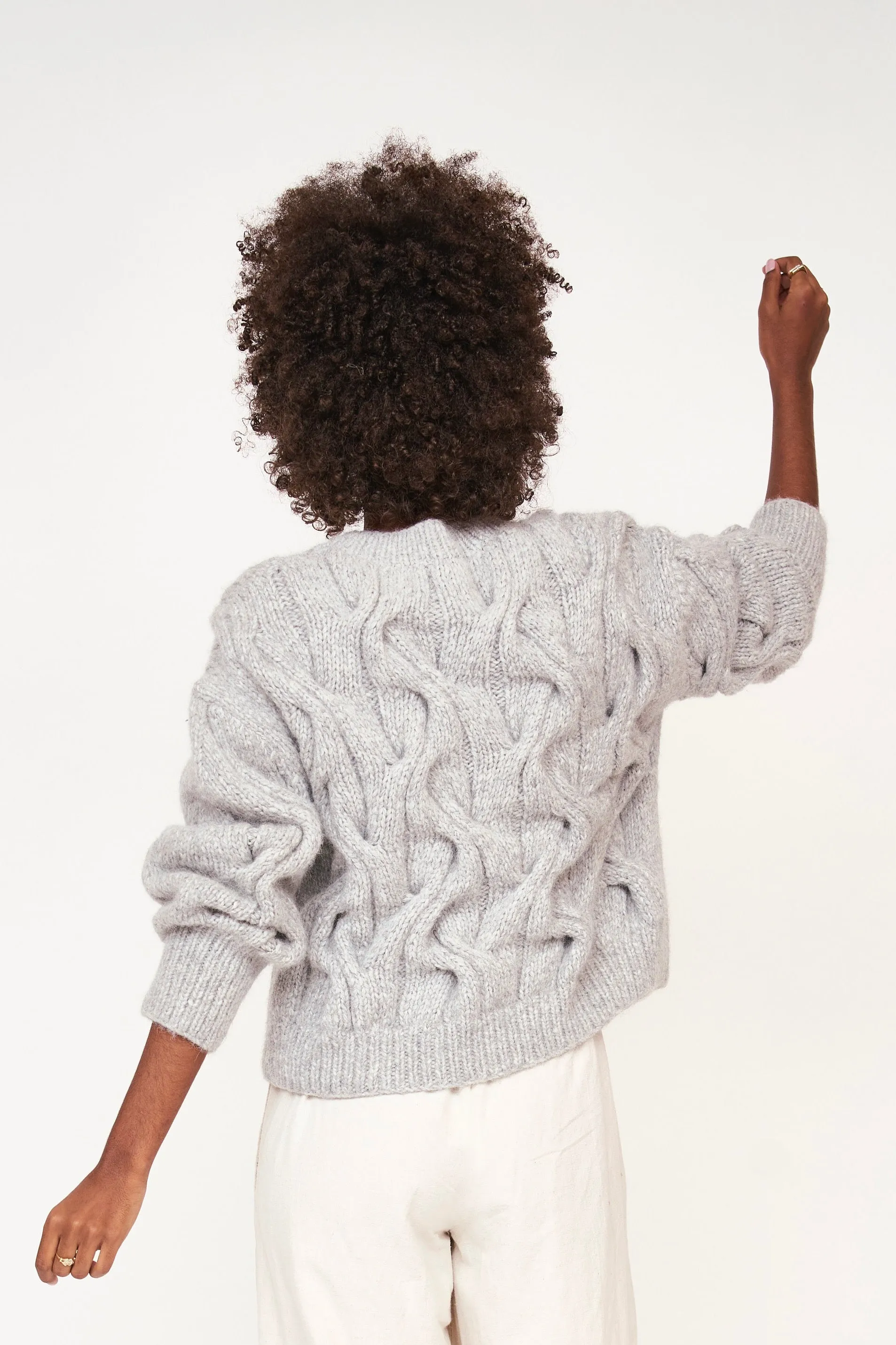 Handknit Cortina Cable Pullover in Dove Grey