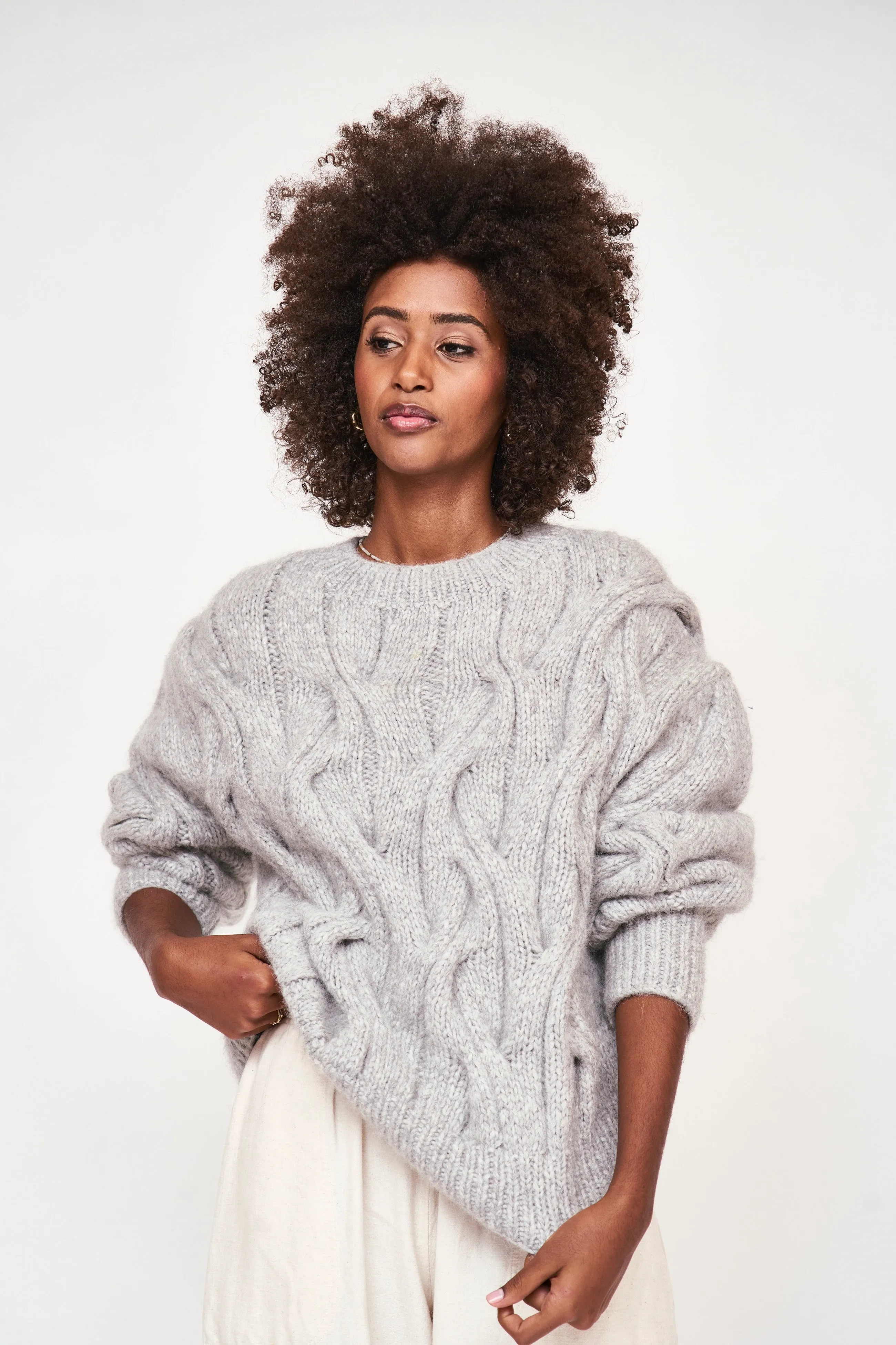 Handknit Cortina Cable Pullover in Dove Grey