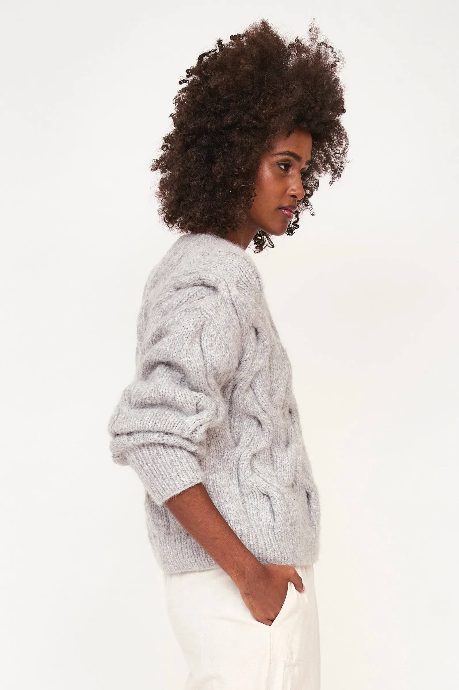 Handknit Cortina Cable Pullover in Dove Grey