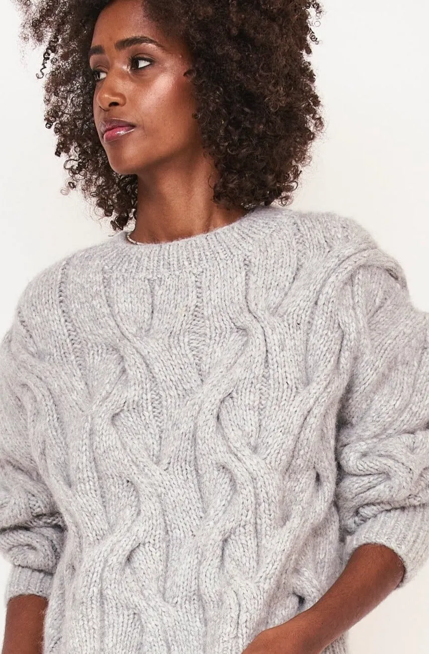 Handknit Cortina Cable Pullover in Dove Grey