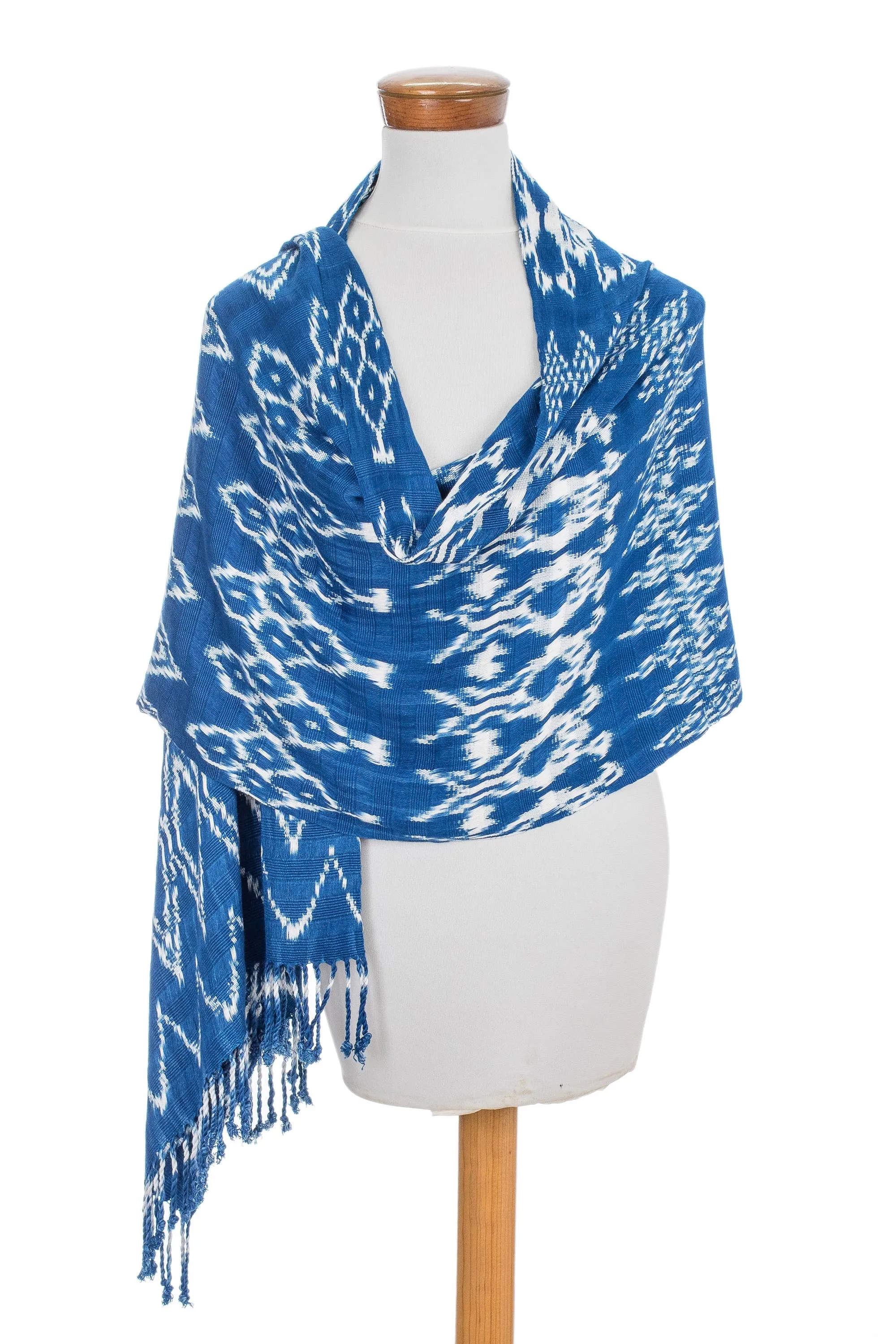 Handwoven Royal Blue Shibori Rayon Shawl from Guatemala - Royal Blue Silhouettes | NOVICA