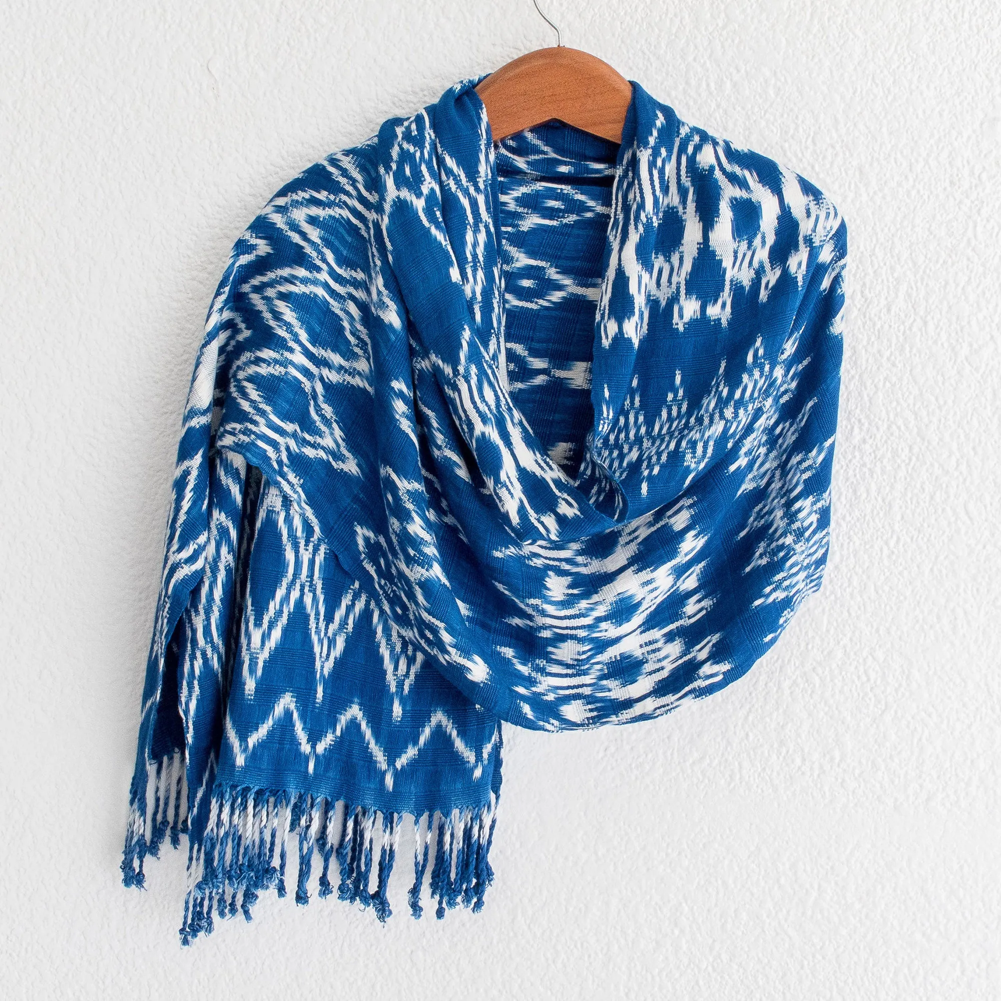 Handwoven Royal Blue Shibori Rayon Shawl from Guatemala - Royal Blue Silhouettes | NOVICA