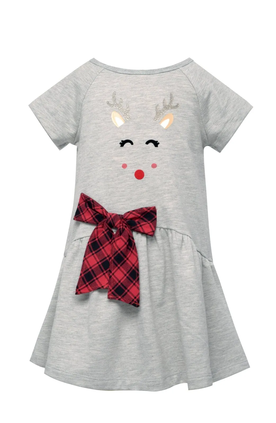 Hannah Banana Reindeer Face and Red Plaid Bow Holiday Dress