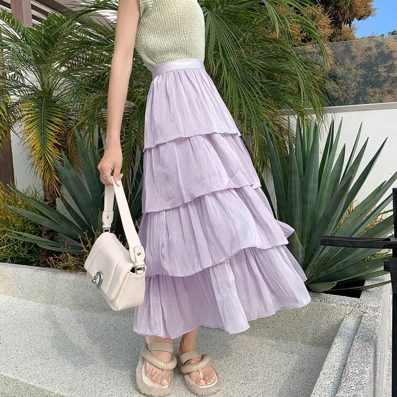 High-Waisted Glossy Pleated Pearl Luster Layered Midi Skirt