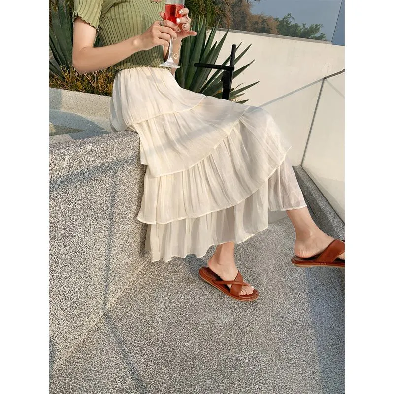 High-Waisted Glossy Pleated Pearl Luster Layered Midi Skirt