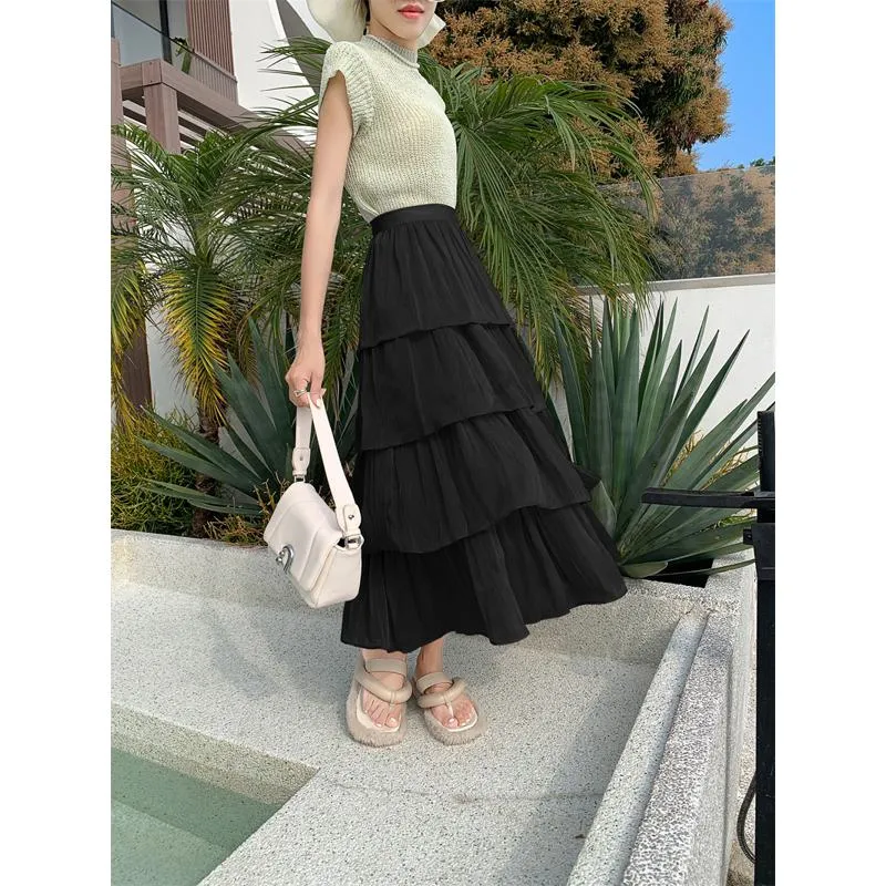 High-Waisted Glossy Pleated Pearl Luster Layered Midi Skirt