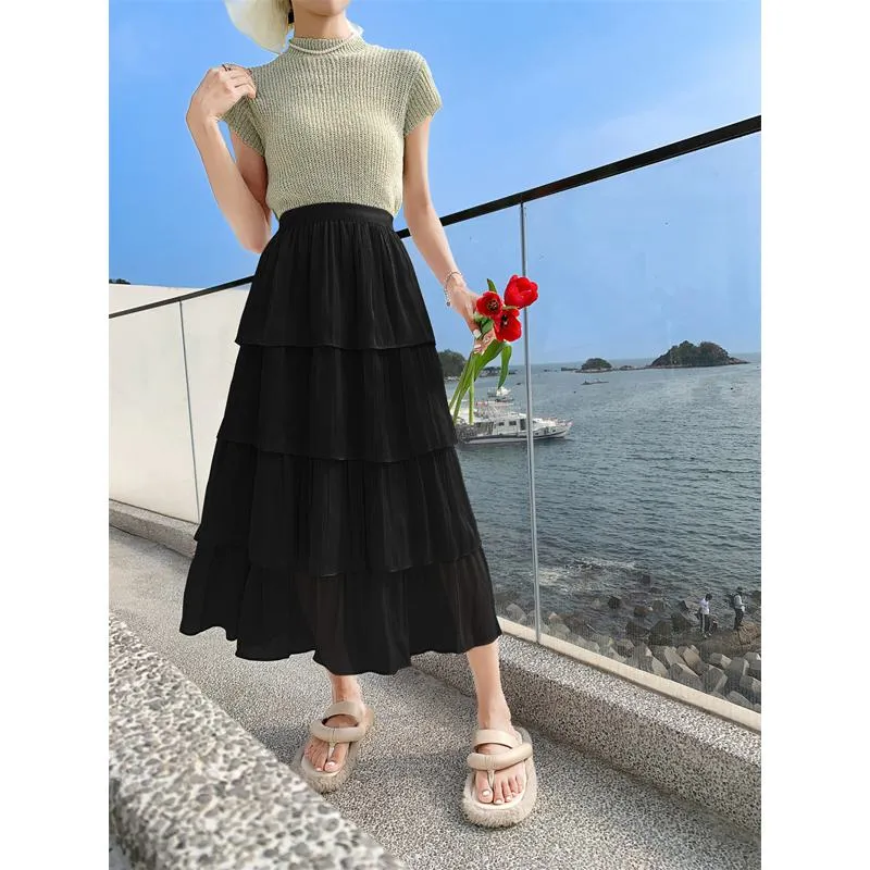 High-Waisted Glossy Pleated Pearl Luster Layered Midi Skirt