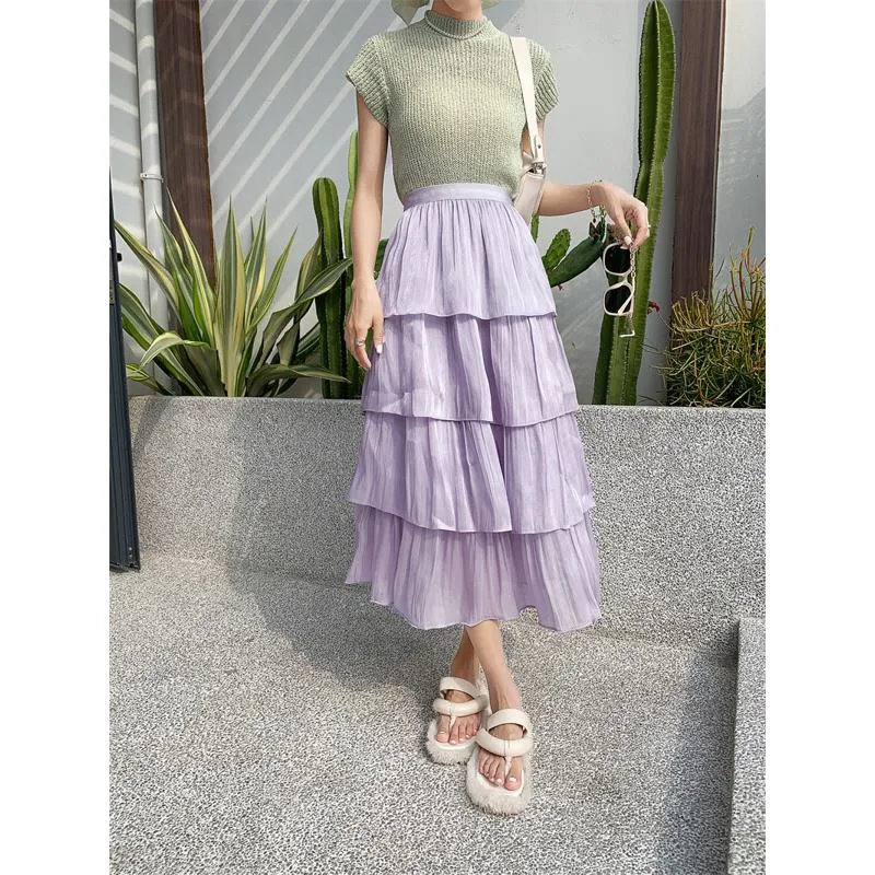 High-Waisted Glossy Pleated Pearl Luster Layered Midi Skirt