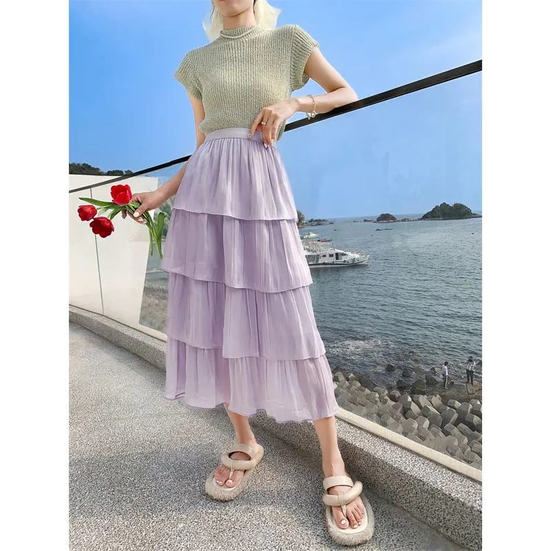 High-Waisted Glossy Pleated Pearl Luster Layered Midi Skirt