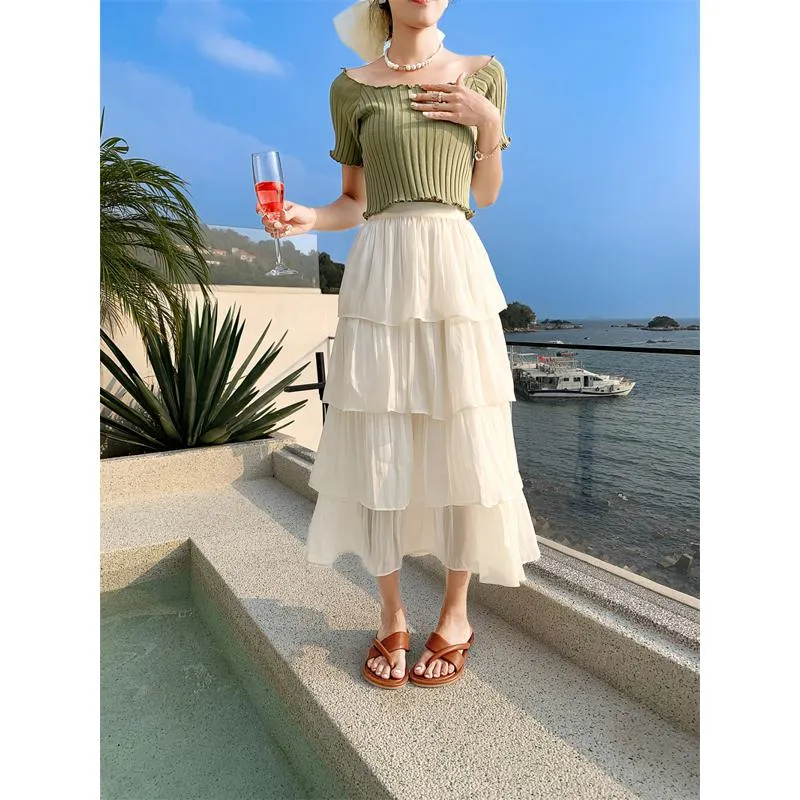 High-Waisted Glossy Pleated Pearl Luster Layered Midi Skirt