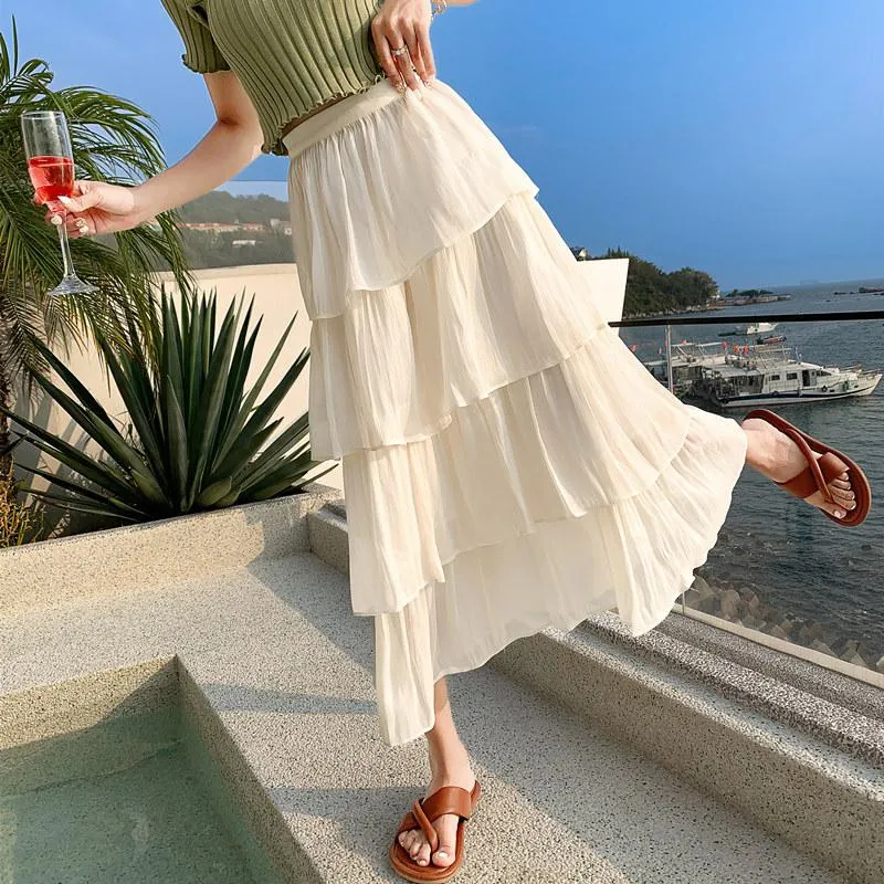 High-Waisted Glossy Pleated Pearl Luster Layered Midi Skirt