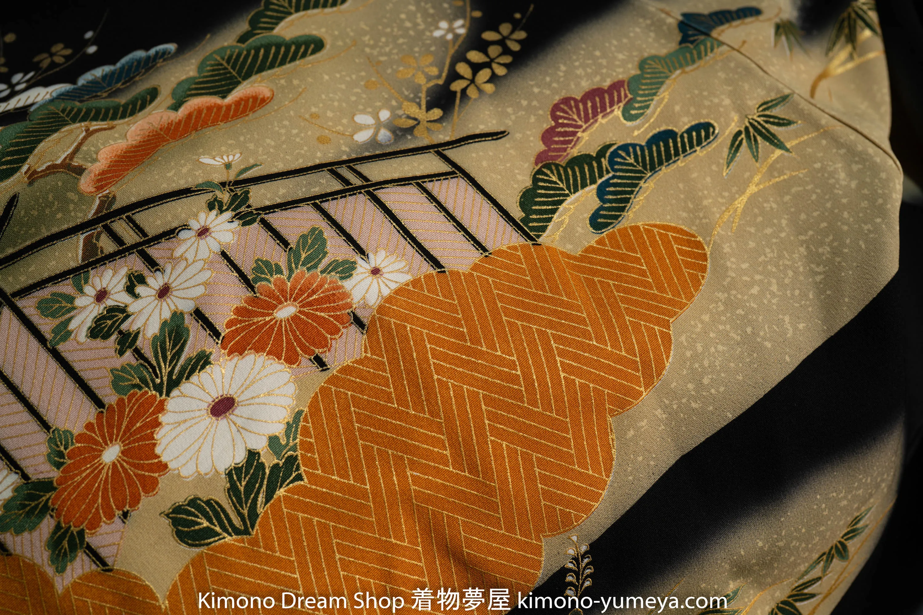 Japanese Village Kuro Tomesode - Vintage Black Kimono - Golden Cherry Blossoms Peonies Botan Sakura