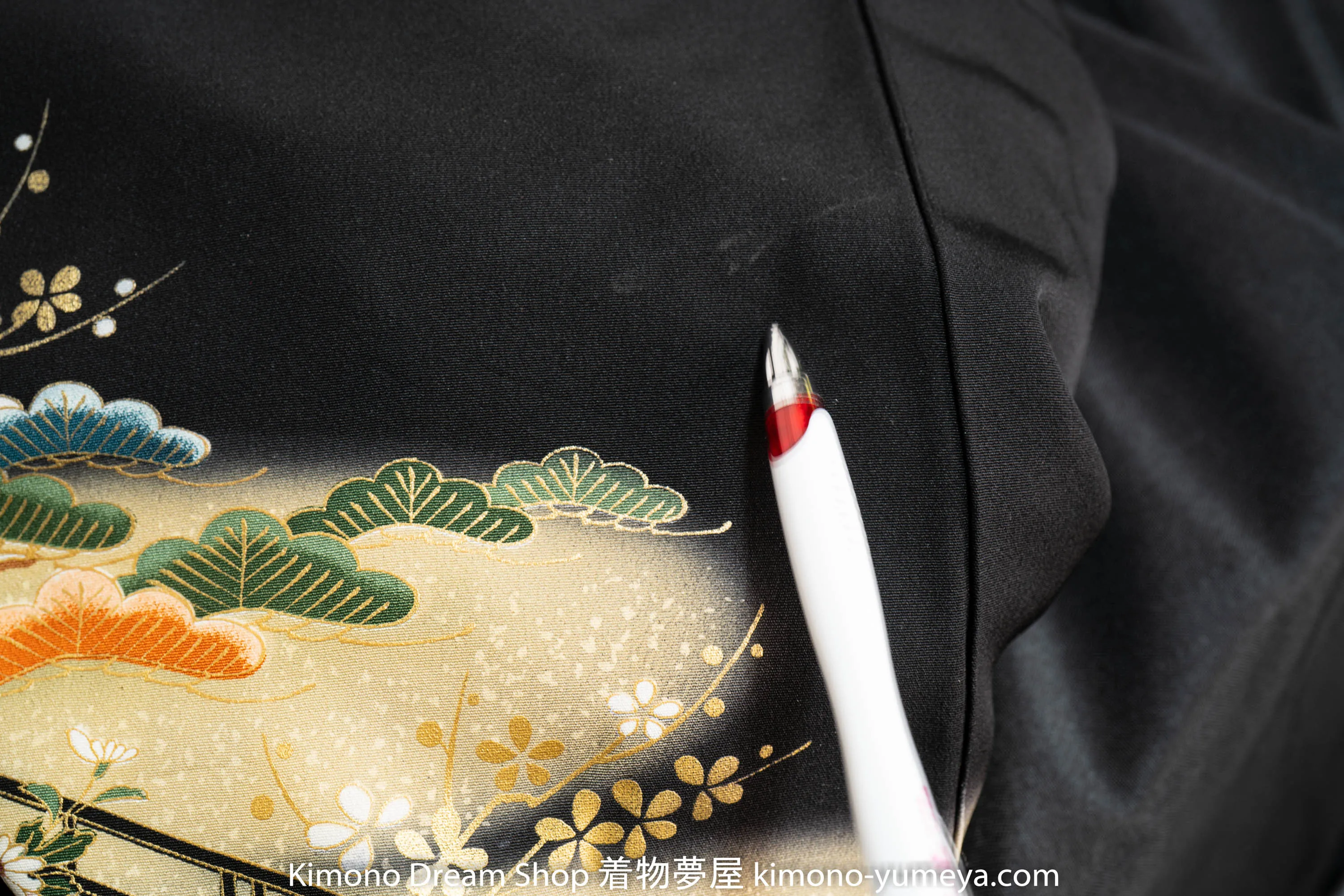 Japanese Village Kuro Tomesode - Vintage Black Kimono - Golden Cherry Blossoms Peonies Botan Sakura