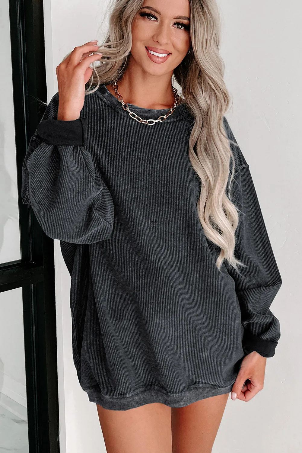 Khaki Solid Ribbed Round Neck Pullover Sweatshirt