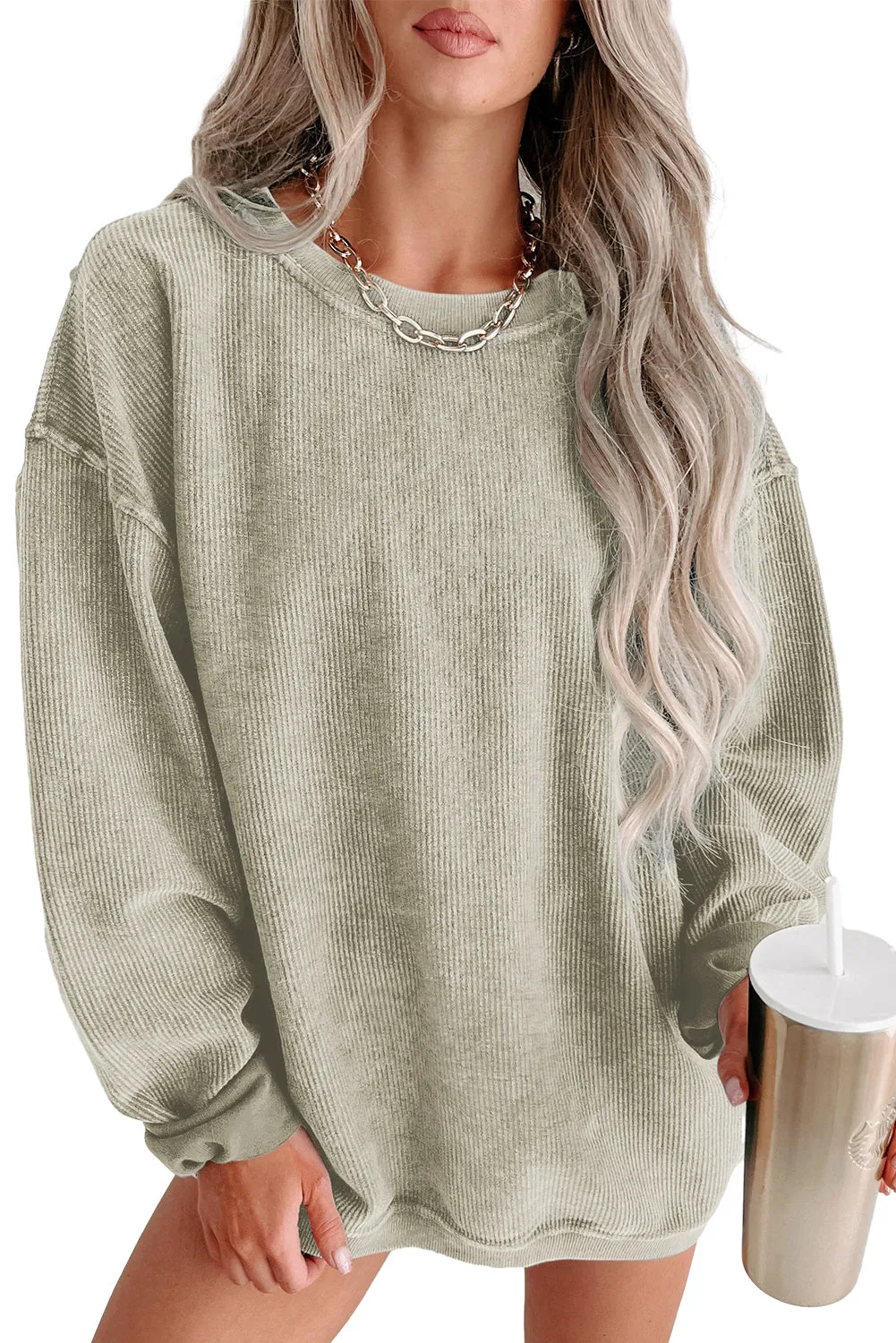 Khaki Solid Ribbed Round Neck Pullover Sweatshirt