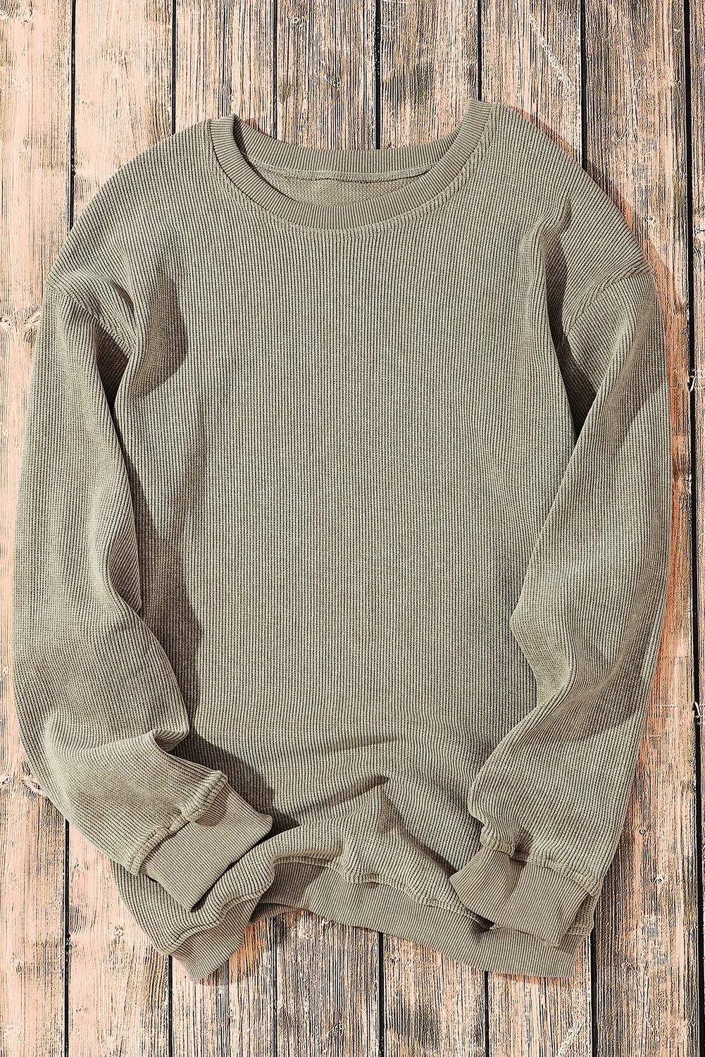 Khaki Solid Ribbed Round Neck Pullover Sweatshirt