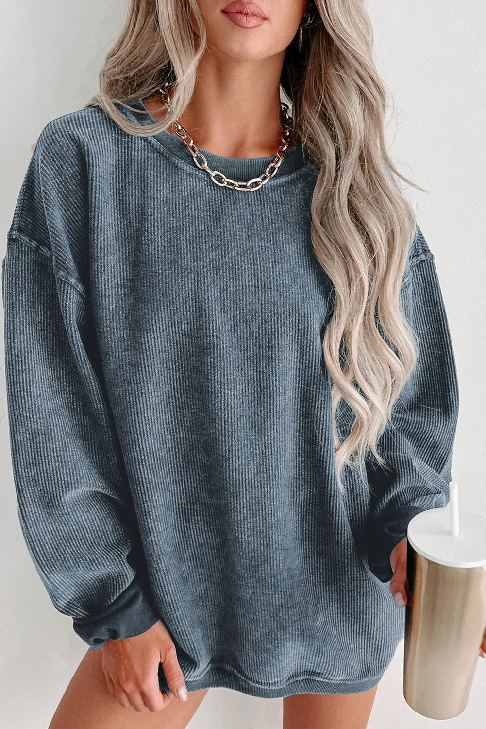 Khaki Solid Ribbed Round Neck Pullover Sweatshirt