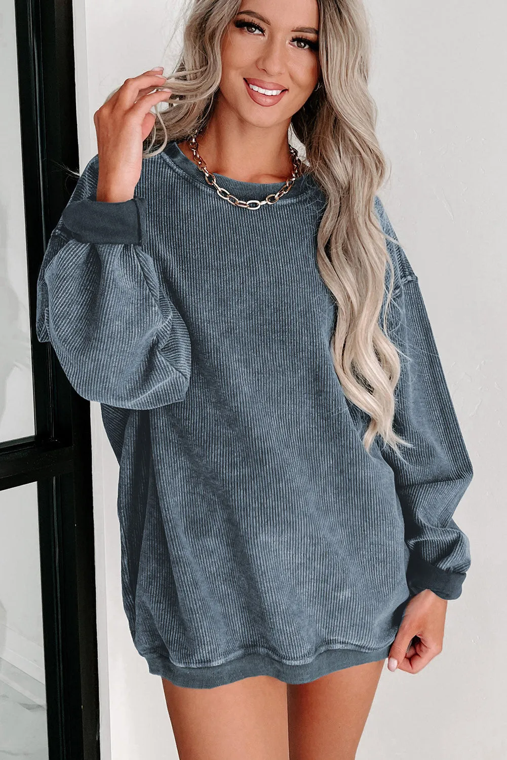 Khaki Solid Ribbed Round Neck Pullover Sweatshirt