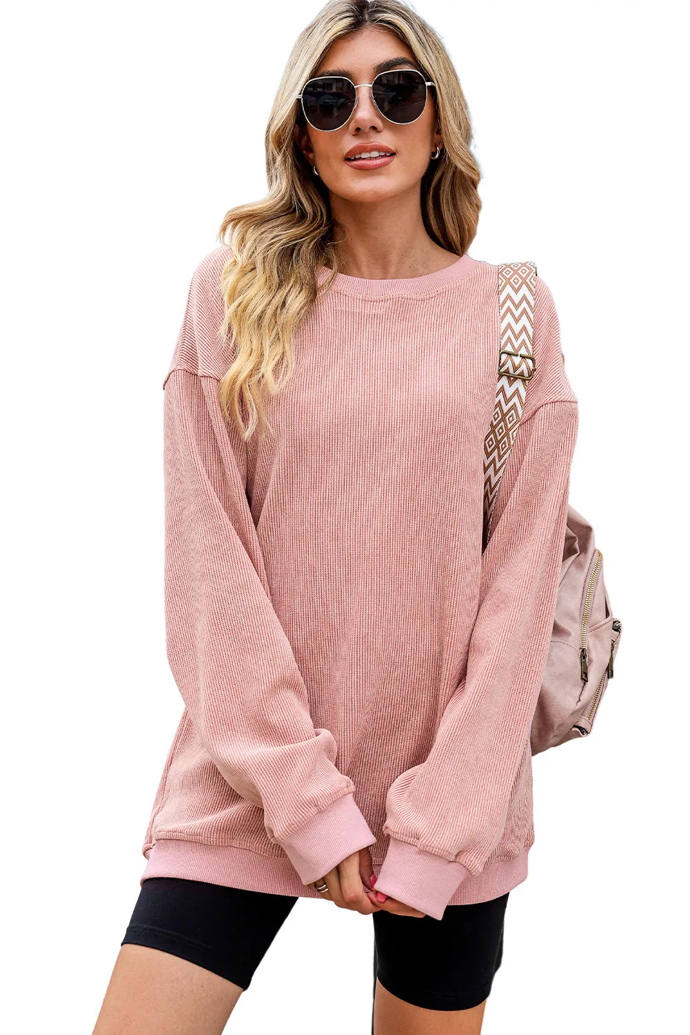 Khaki Solid Ribbed Round Neck Pullover Sweatshirt