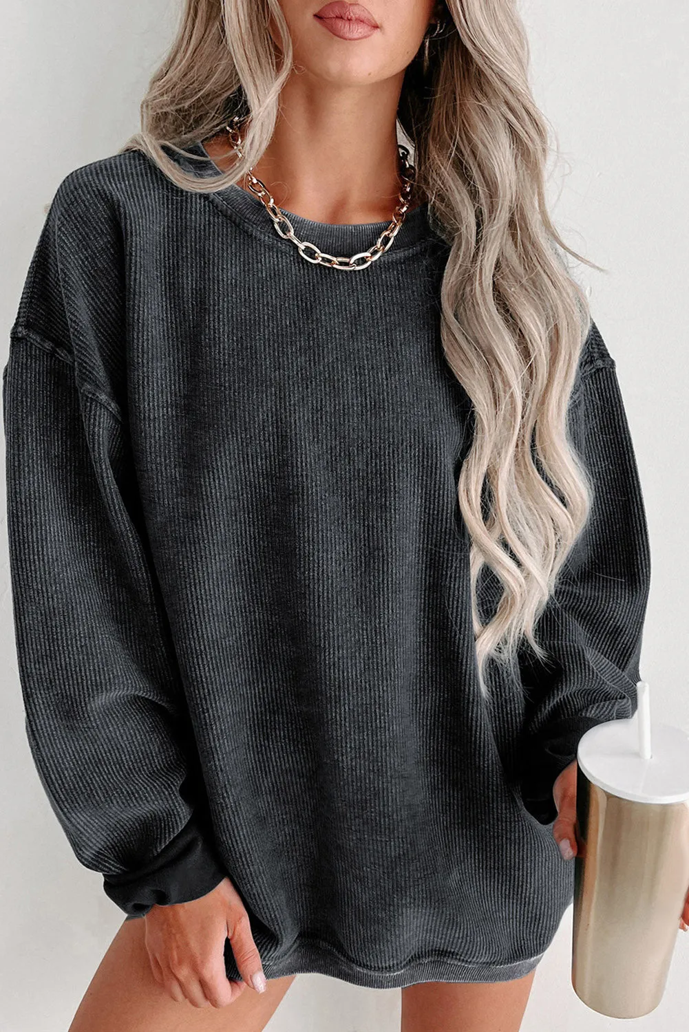 Khaki Solid Ribbed Round Neck Pullover Sweatshirt