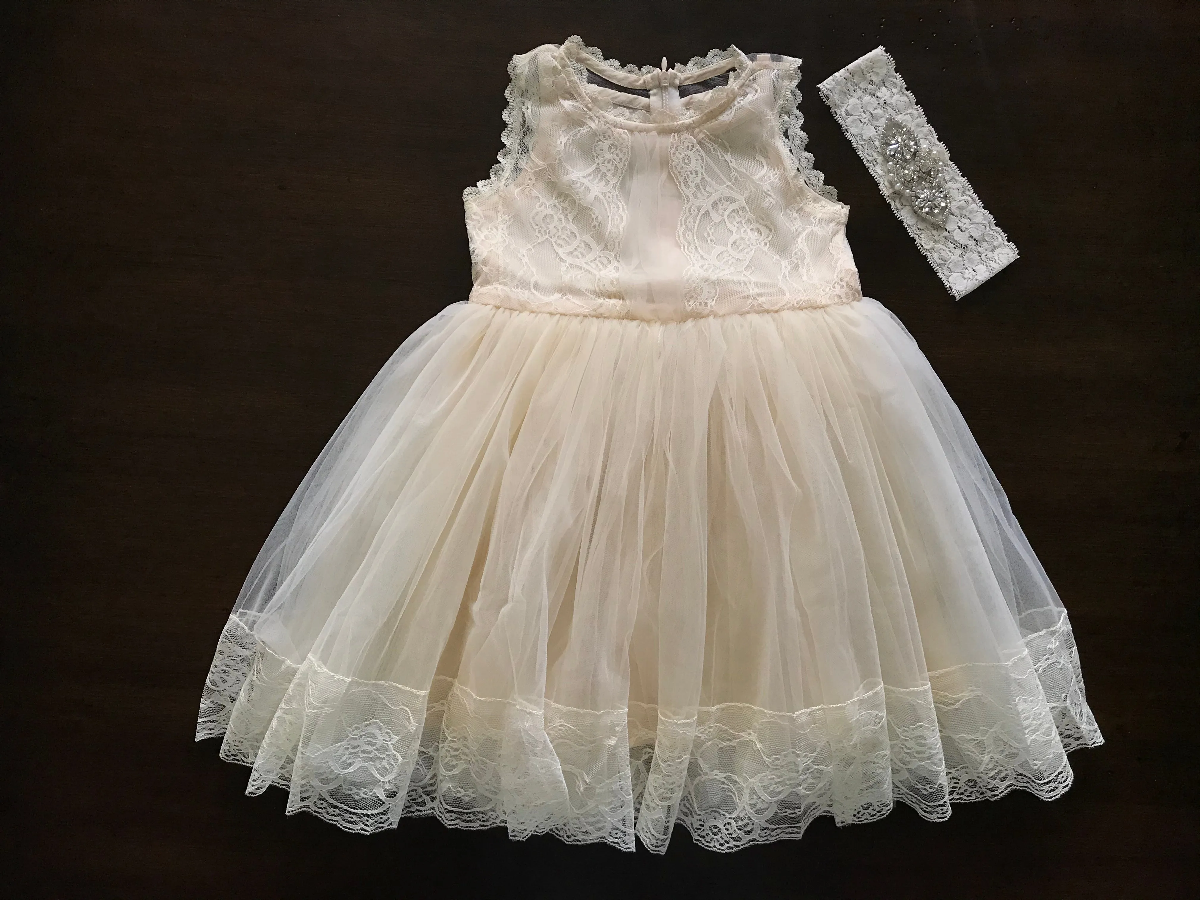 Lace Flower Girl Dress with Rhinestones Headband